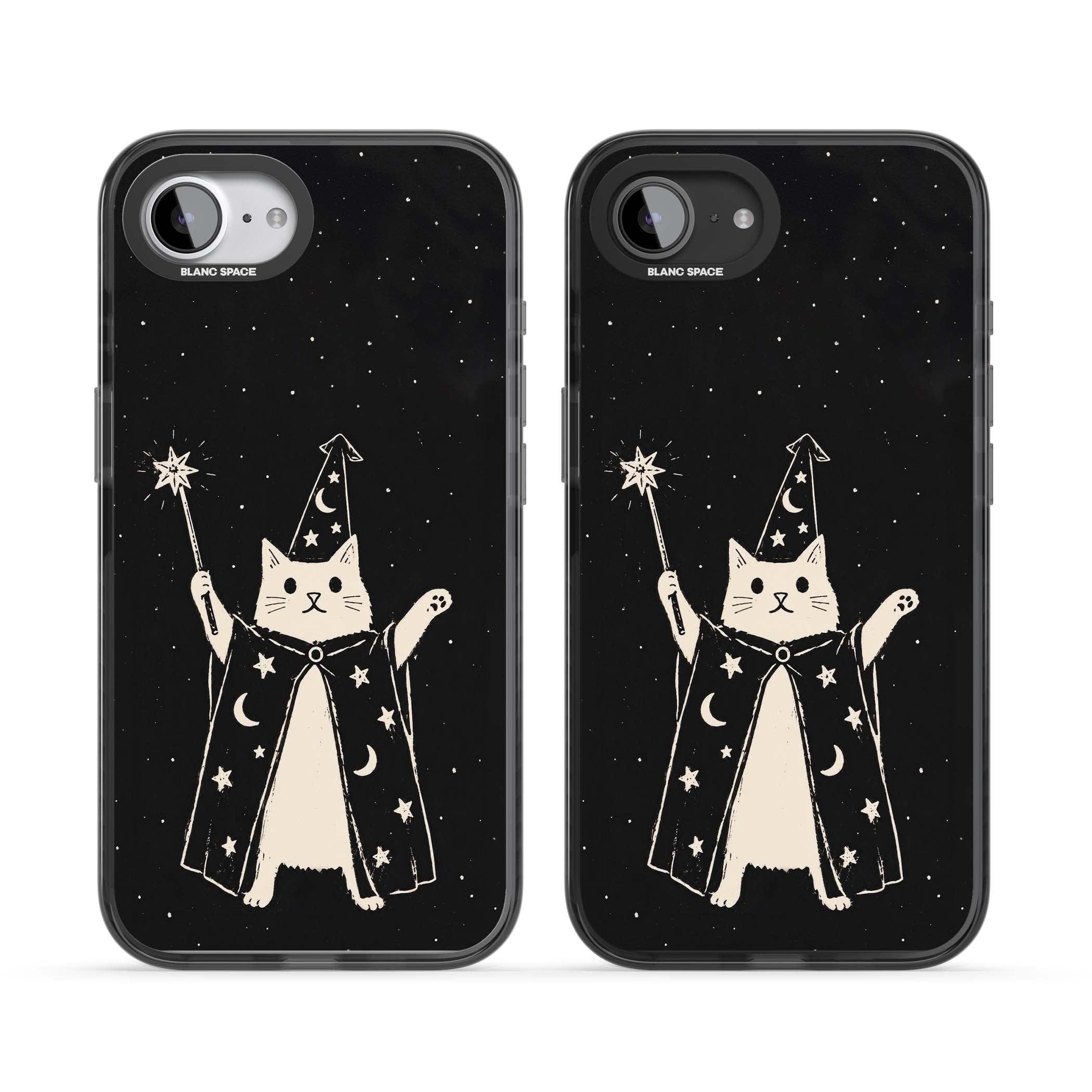 Whisker Wizard celestial cat iPhone case featuring a wizard cat with magic wand, starry night sky and crescent moons | Black Impact Magsafe case for iPhone 16e, iPhone 17e