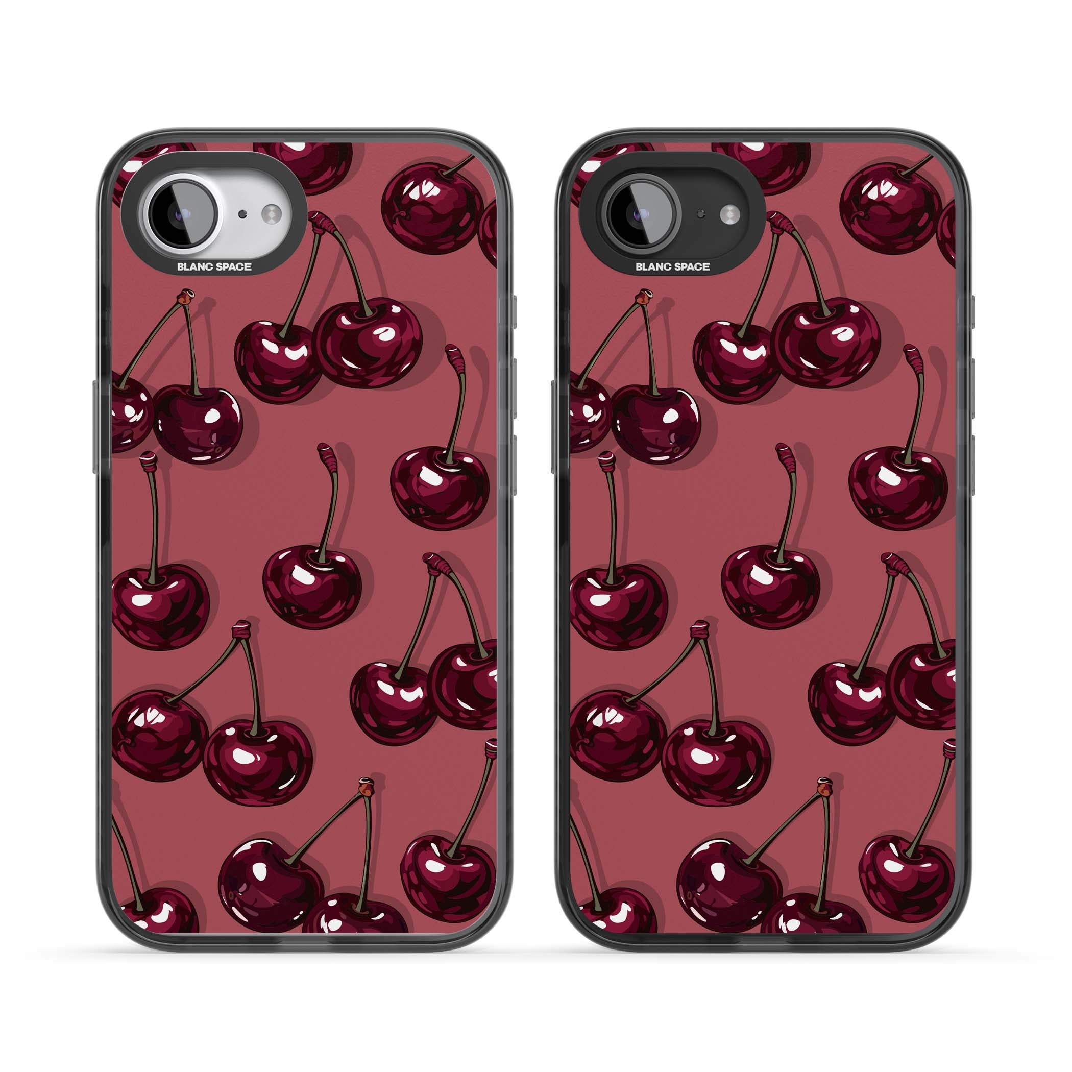 Cherry Rebel coquette iPhone case featuring glossy burgundy cherries on a dusty rose background | Black Impact Magsafe case for iPhone 16e, iPhone 17e