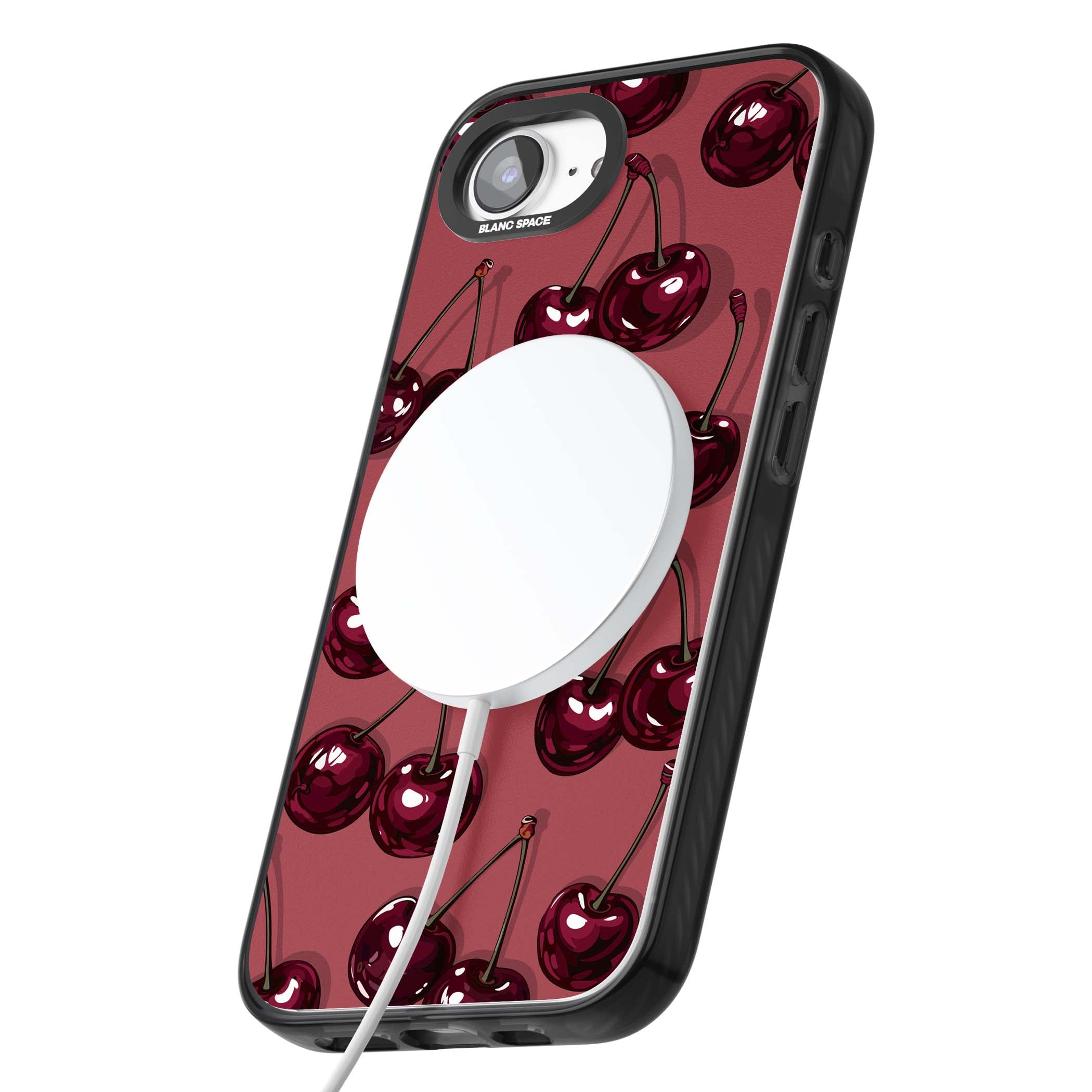 Cherry Rebel coquette iPhone case featuring glossy burgundy cherries on a dusty rose background | Black Impact Magsafe case for iPhone 16e, iPhone 17e