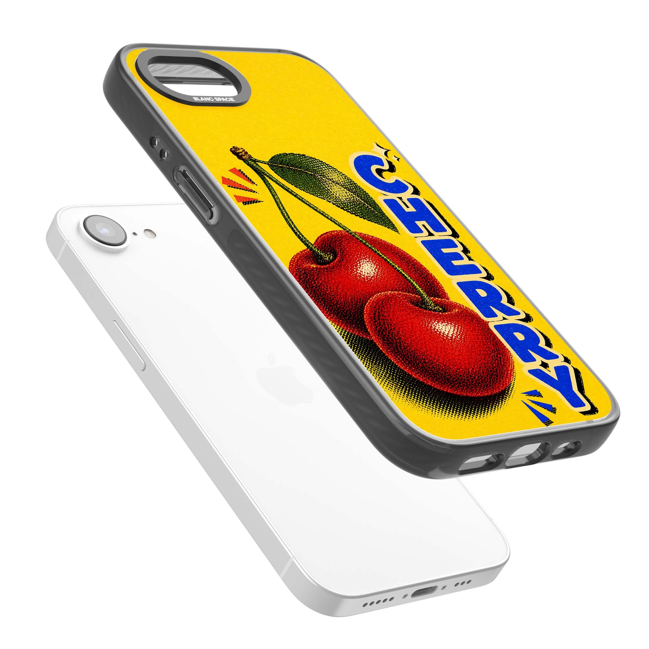Cherry Yellow y2k iPhone case featuring two red cherries, halftone shading and bold blue CHERRY lettering on yellow | Black Impact Magsafe case for iPhone 16e, iPhone 17e