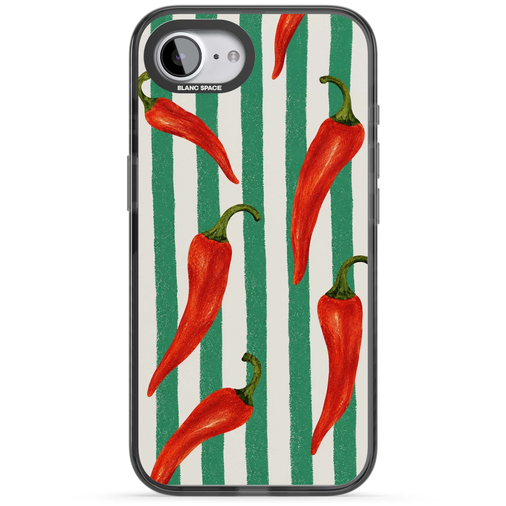 Striped Chillis coastal iPhone case featuring hand-painted red chili peppers on green and cream stripes | Black Impact Magsafe case for iPhone 16e, iPhone 17e