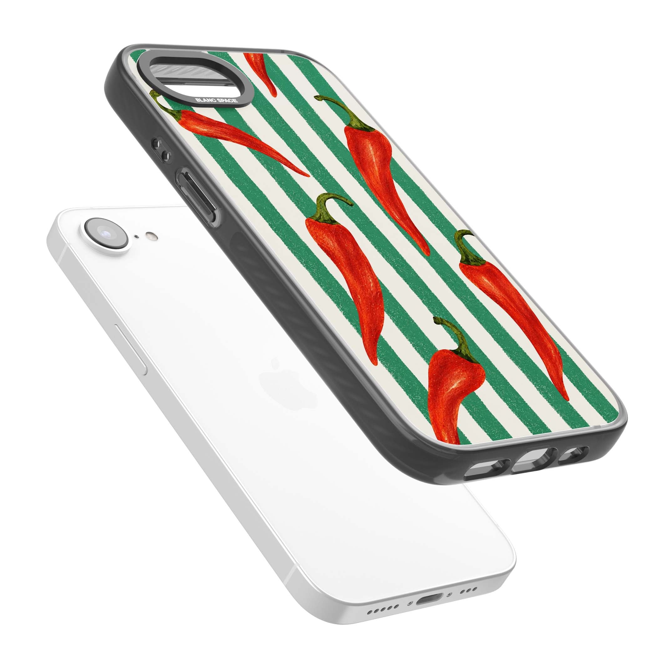 Striped Chillis coastal iPhone case featuring hand-painted red chili peppers on green and cream stripes | Black Impact Magsafe case for iPhone 16e, iPhone 17e