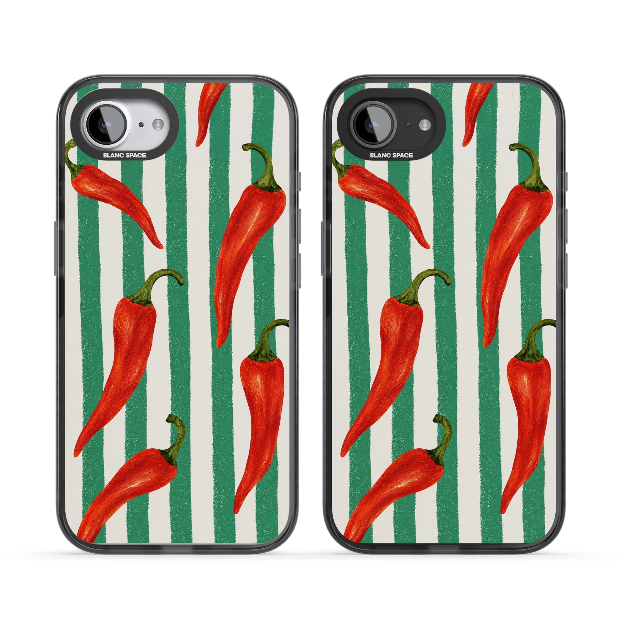 Striped Chillis coastal iPhone case featuring hand-painted red chili peppers on green and cream stripes | Black Impact Magsafe case for iPhone 16e, iPhone 17e