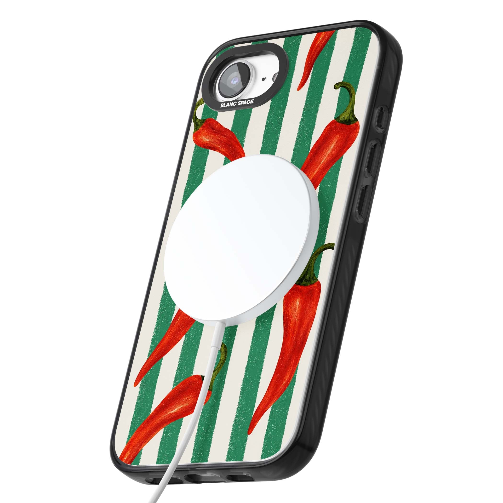 Striped Chillis coastal iPhone case featuring hand-painted red chili peppers on green and cream stripes | Black Impact Magsafe case for iPhone 16e, iPhone 17e