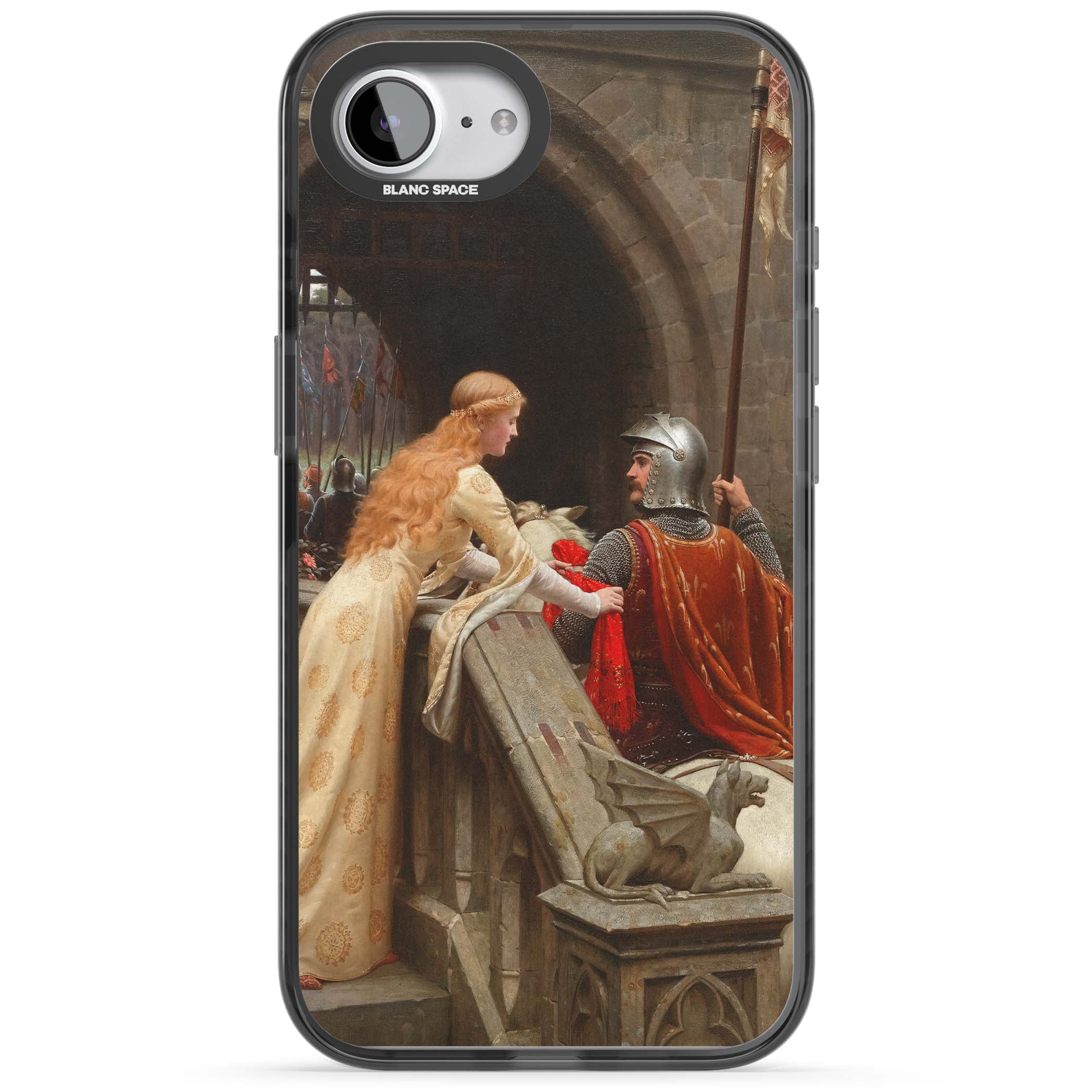 God Speed fine art iPhone case featuring Edmund Blair Leighton's medieval knight and lady beneath a stone archway | Black Impact Magsafe case for iPhone 16e, iPhone 17e