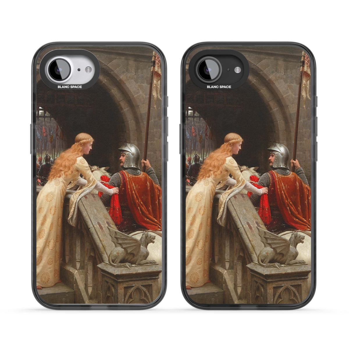 God Speed fine art iPhone case featuring Edmund Blair Leighton's medieval knight and lady beneath a stone archway | Black Impact Magsafe case for iPhone 16e, iPhone 17e