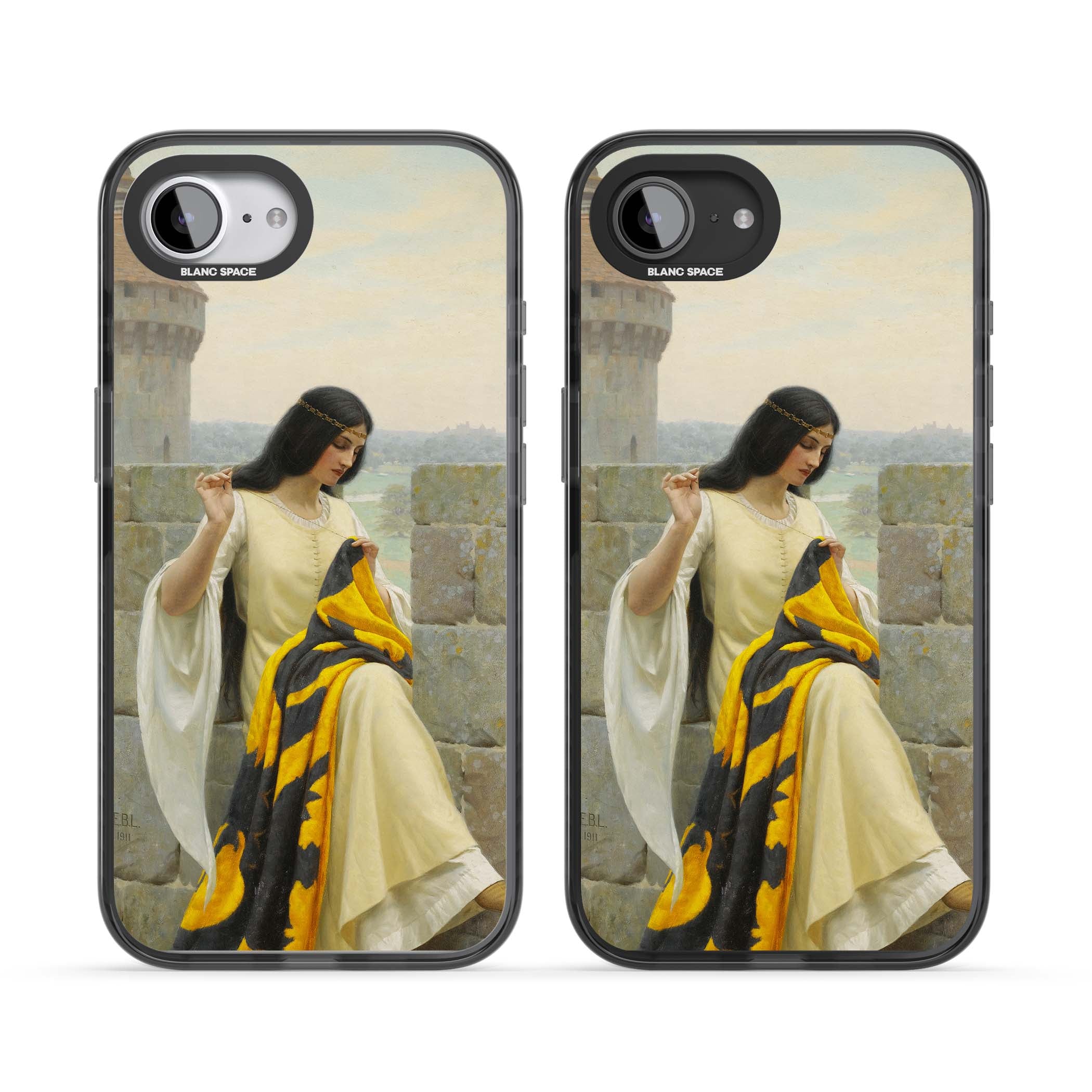 Stitching the Standard renaissance art iPhone case featuring a medieval lady sewing a golden banner on a castle wall | Black Impact Magsafe case for iPhone 16e, iPhone 17e