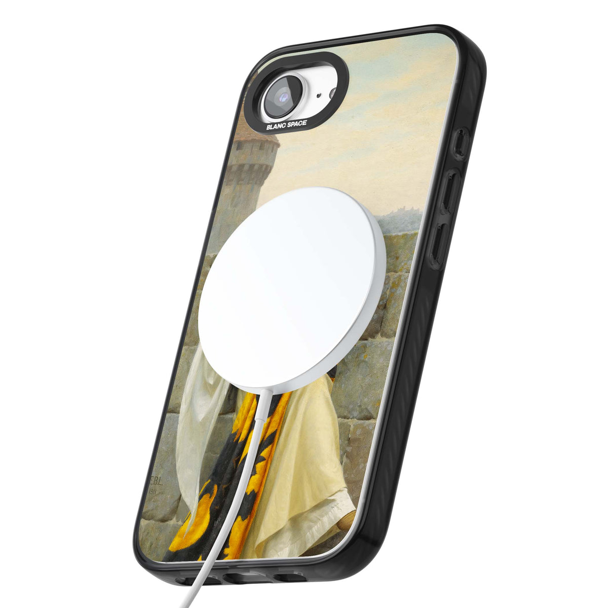 Stitching the Standard renaissance art iPhone case featuring a medieval lady sewing a golden banner on a castle wall | Black Impact Magsafe case for iPhone 16e, iPhone 17e