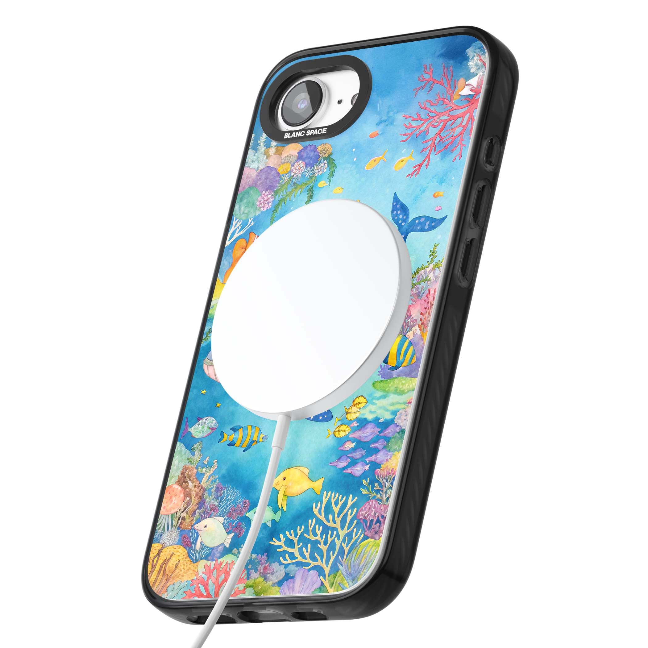 Coral Lagoon ocean iPhone case featuring a watercolour whale, coral reef and tropical fish | Black Impact Magsafe case for iPhone 16e, iPhone 17e