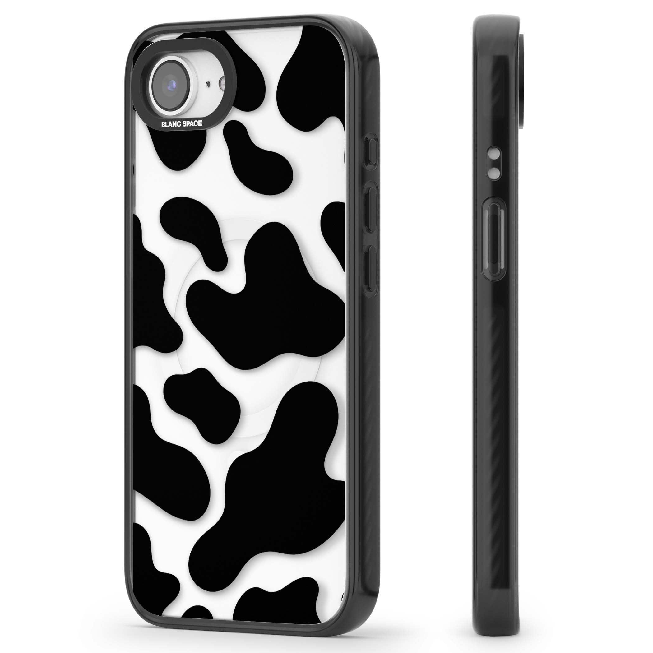 Clear Cow Print cow print iPhone case featuring black and white cow pattern splotches on a clear background | Black Impact Magsafe case for iPhone 16e, iPhone 17e