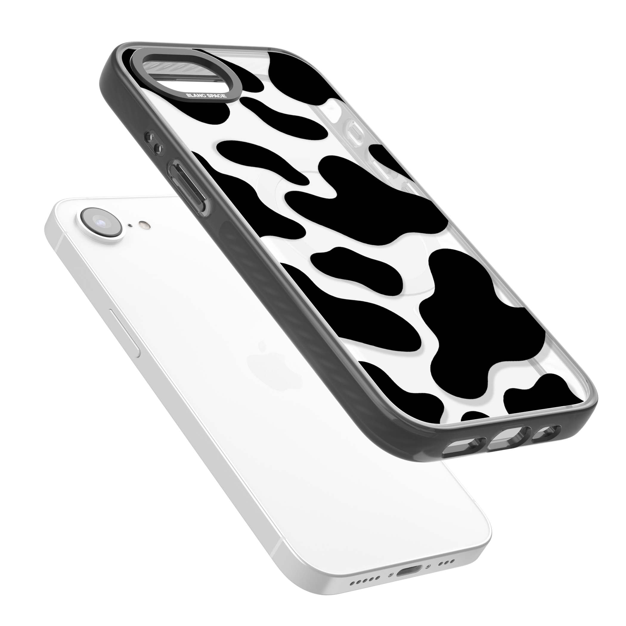 Clear Cow Print cow print iPhone case featuring black and white cow pattern splotches on a clear background | Black Impact Magsafe case for iPhone 16e, iPhone 17e