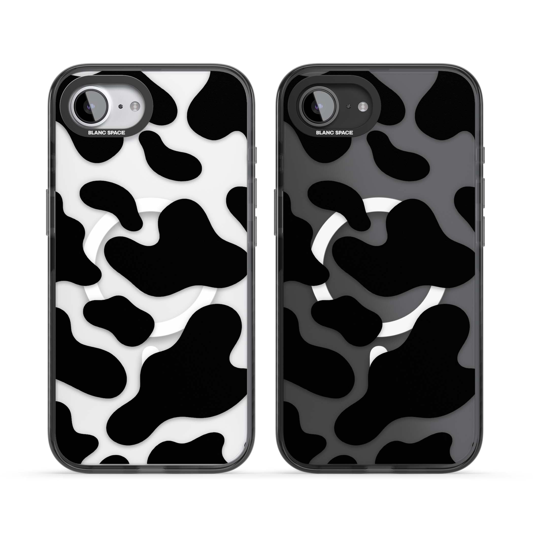 Clear Cow Print cow print iPhone case featuring black and white cow pattern splotches on a clear background | Black Impact Magsafe case for iPhone 16e, iPhone 17e
