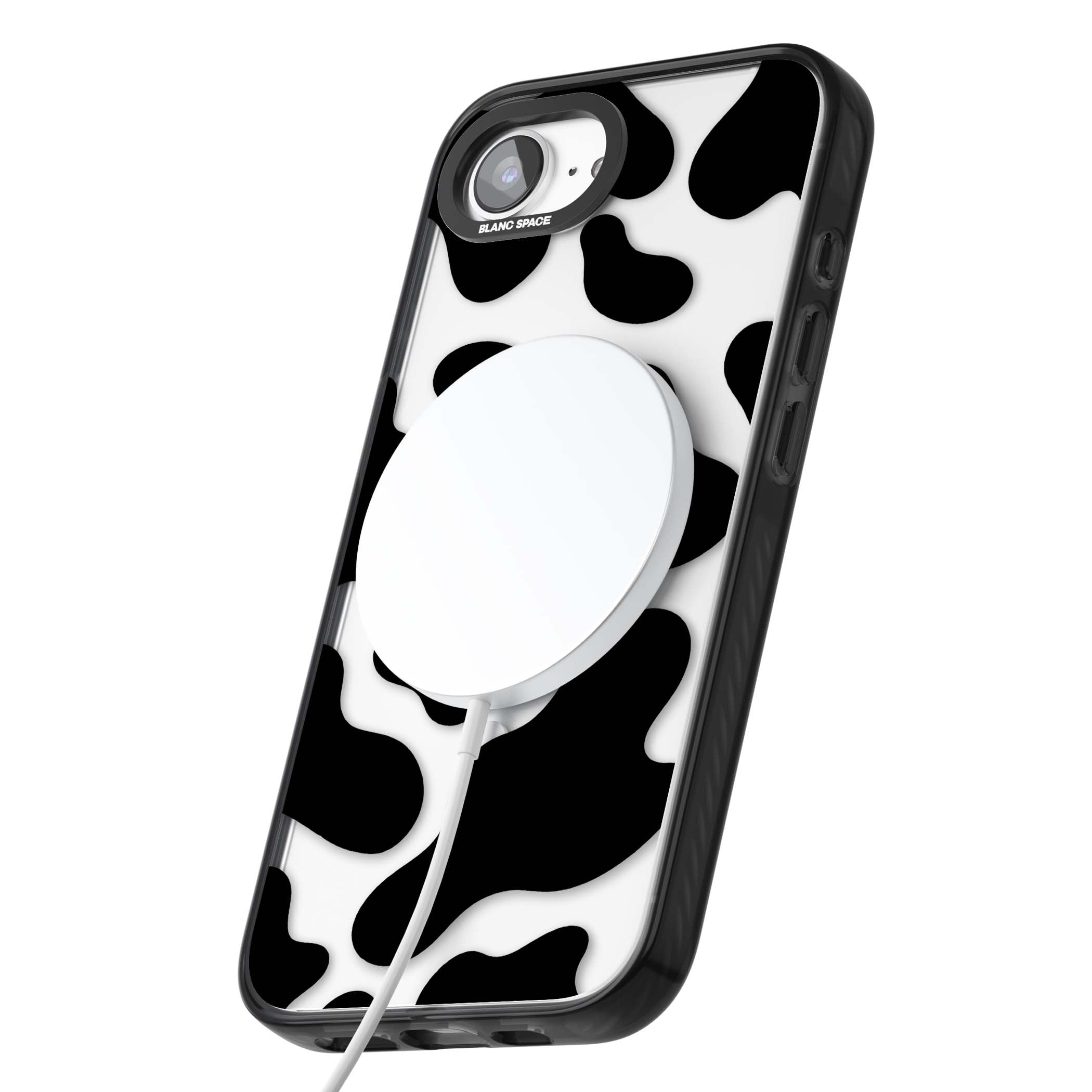Clear Cow Print cow print iPhone case featuring black and white cow pattern splotches on a clear background | Black Impact Magsafe case for iPhone 16e, iPhone 17e