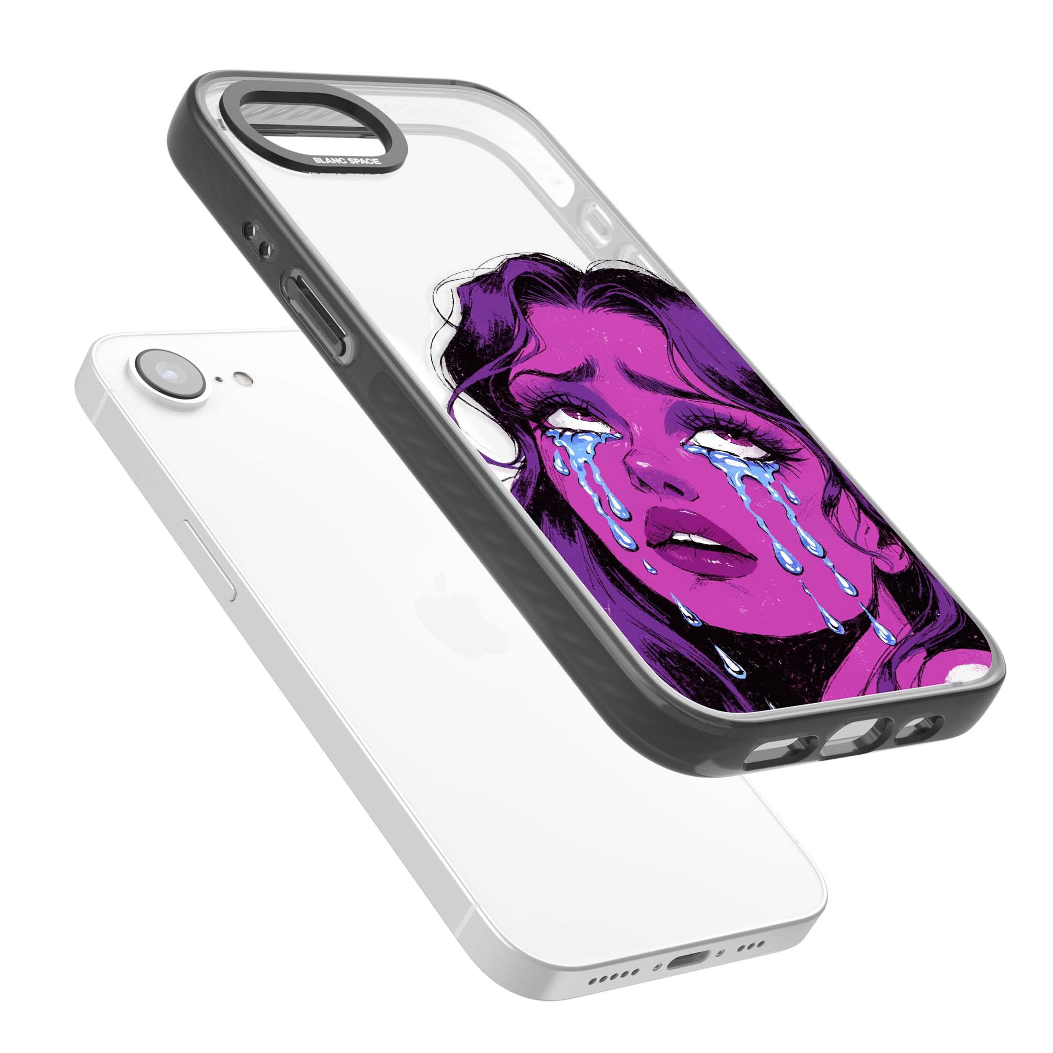 Drama Queen pop art iPhone case featuring a purple crying comic girl with blue tears | Black Impact Magsafe case for iPhone 16e, iPhone 17e