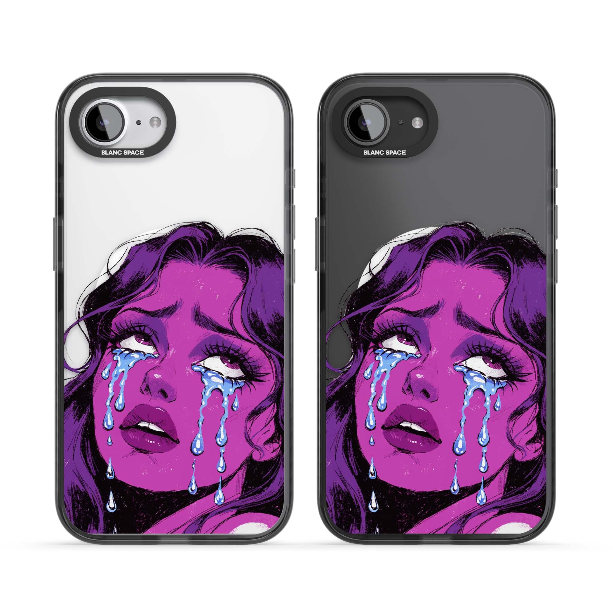 Drama Queen pop art iPhone case featuring a purple crying comic girl with blue tears | Black Impact Magsafe case for iPhone 16e, iPhone 17e