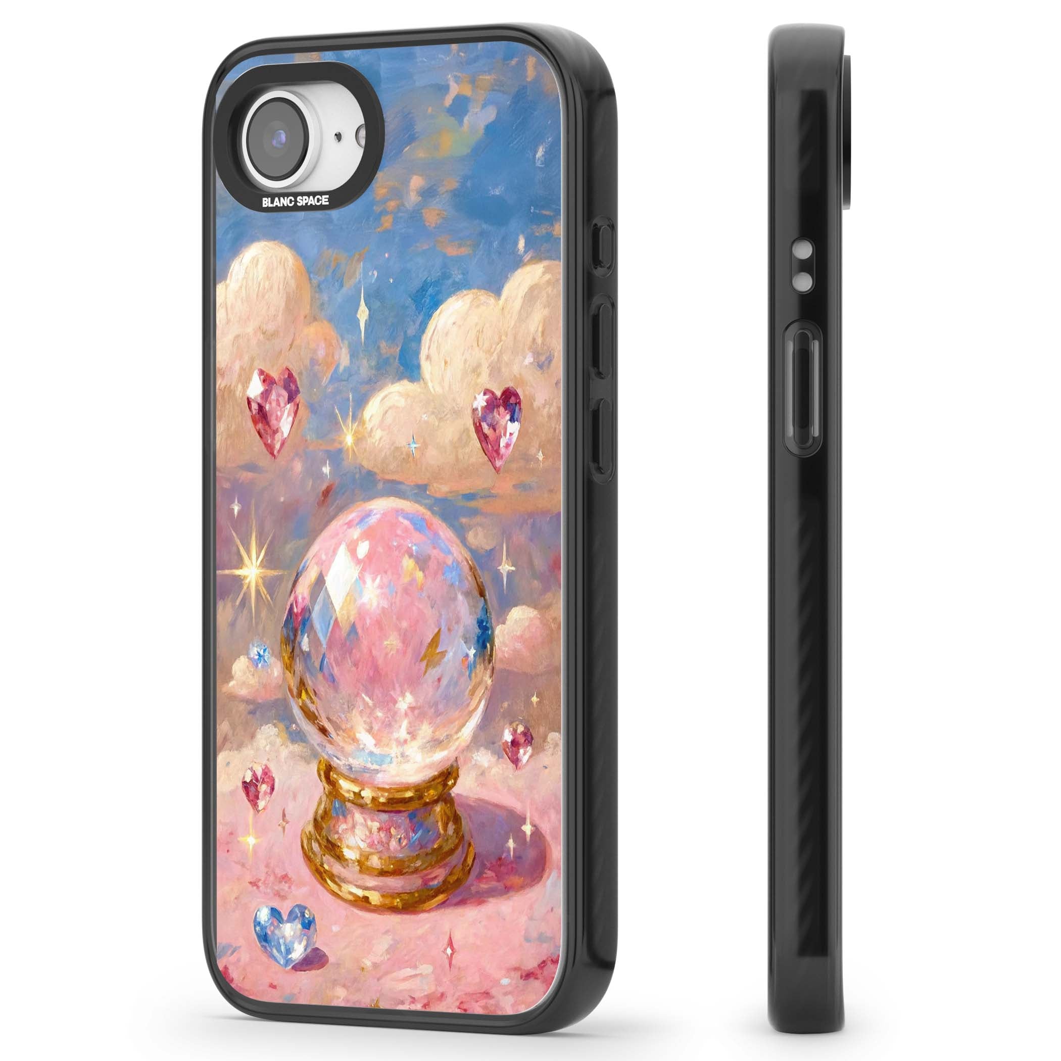 Crystal Ball fairycore iPhone case featuring a painted crystal ball, heart gemstones, and pastel clouds | Black Impact Magsafe case for iPhone 16e, iPhone 17e