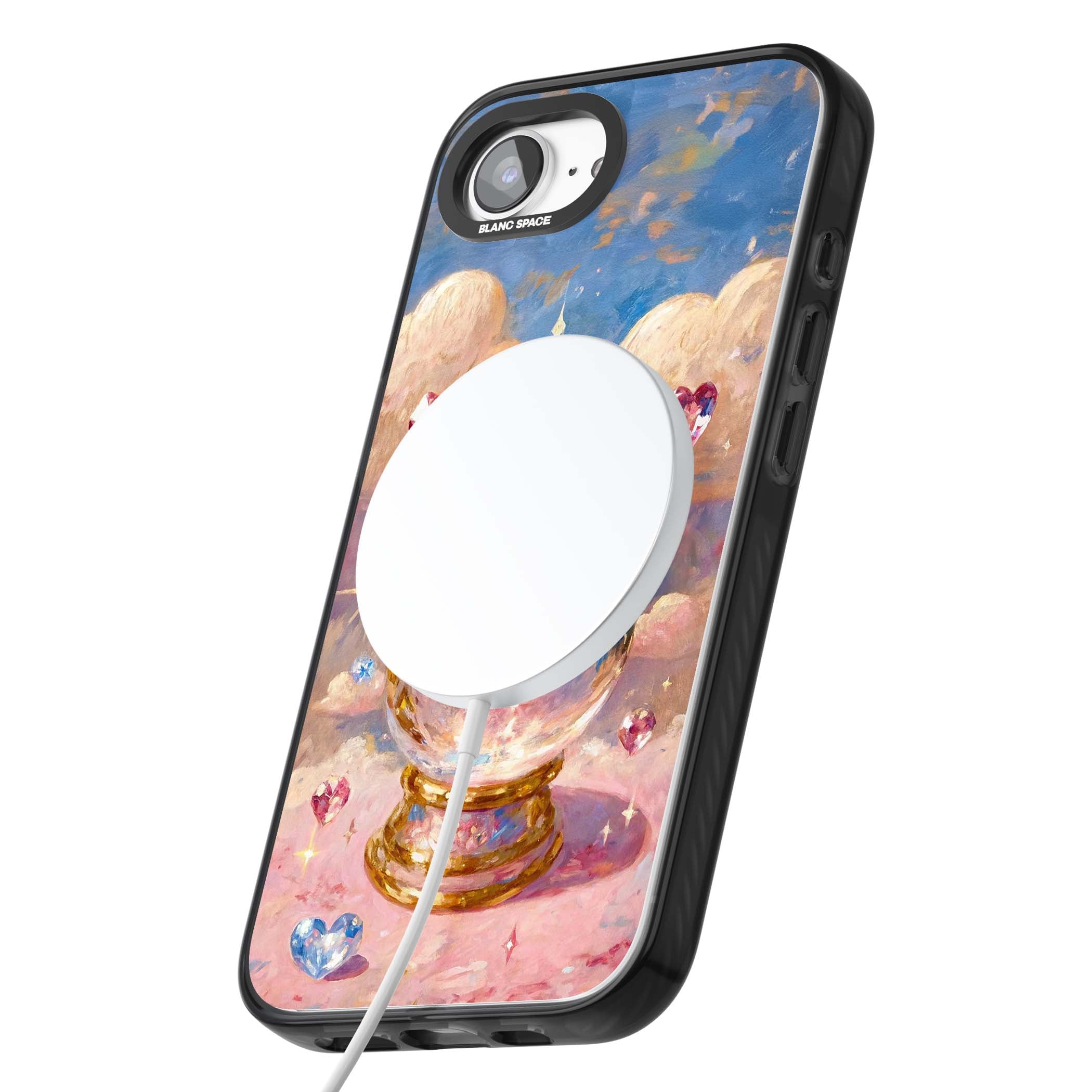 Crystal Ball fairycore iPhone case featuring a painted crystal ball, heart gemstones, and pastel clouds | Black Impact Magsafe case for iPhone 16e, iPhone 17e