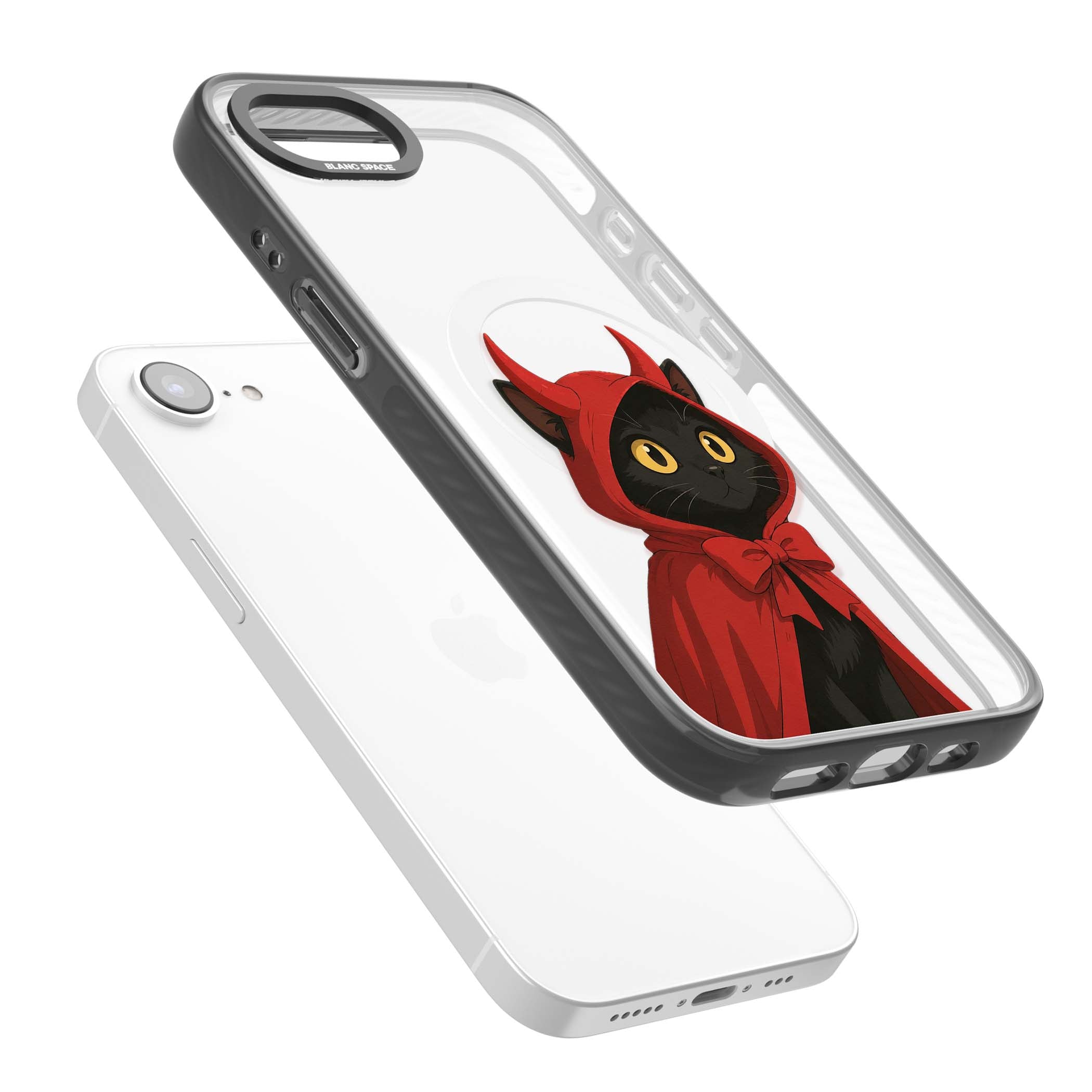 Little Devil halloween iPhone case featuring a black cat in a red hooded devil cloak with horns and golden eyes | Black Impact Magsafe case for iPhone 16e, iPhone 17e