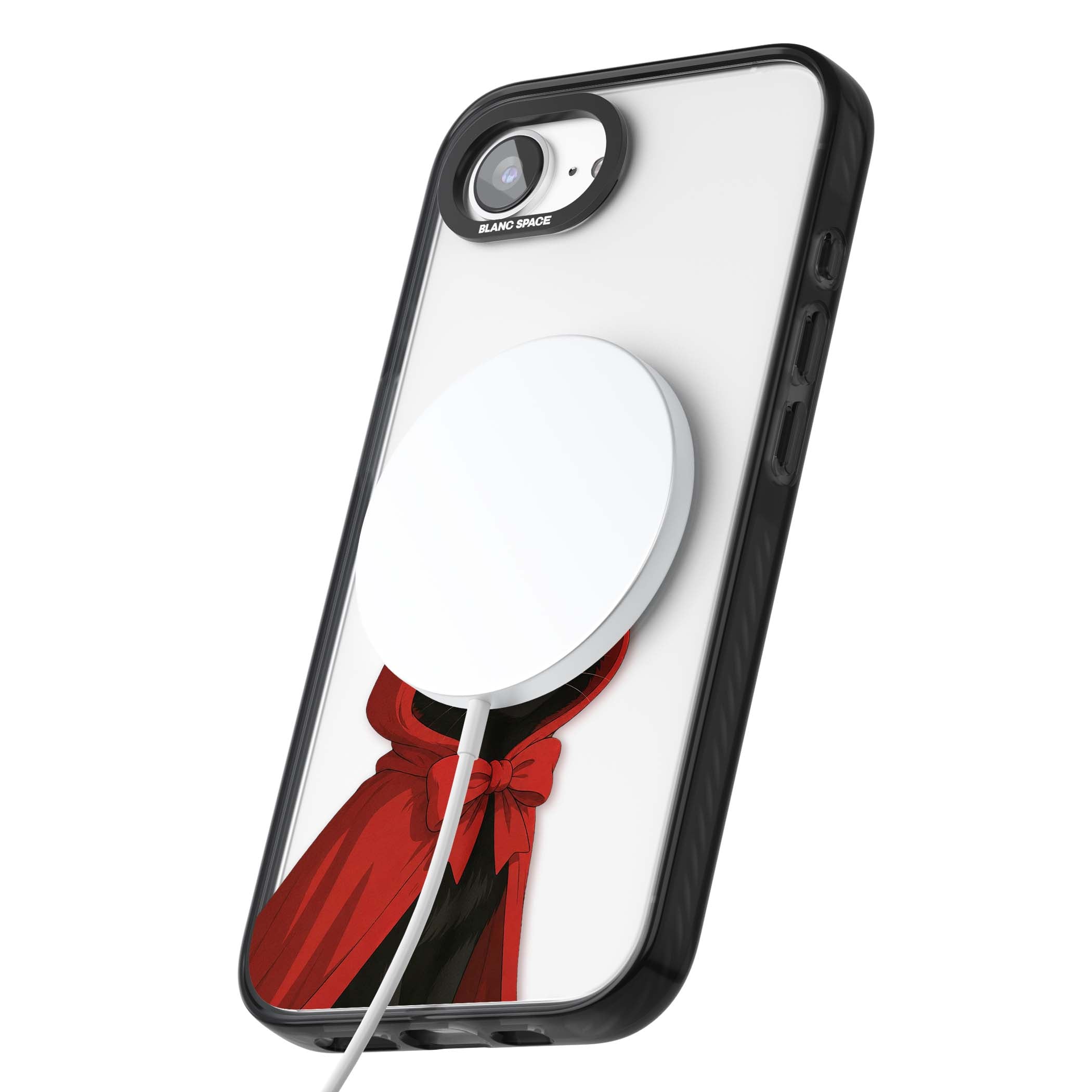 Little Devil halloween iPhone case featuring a black cat in a red hooded devil cloak with horns and golden eyes | Black Impact Magsafe case for iPhone 16e, iPhone 17e