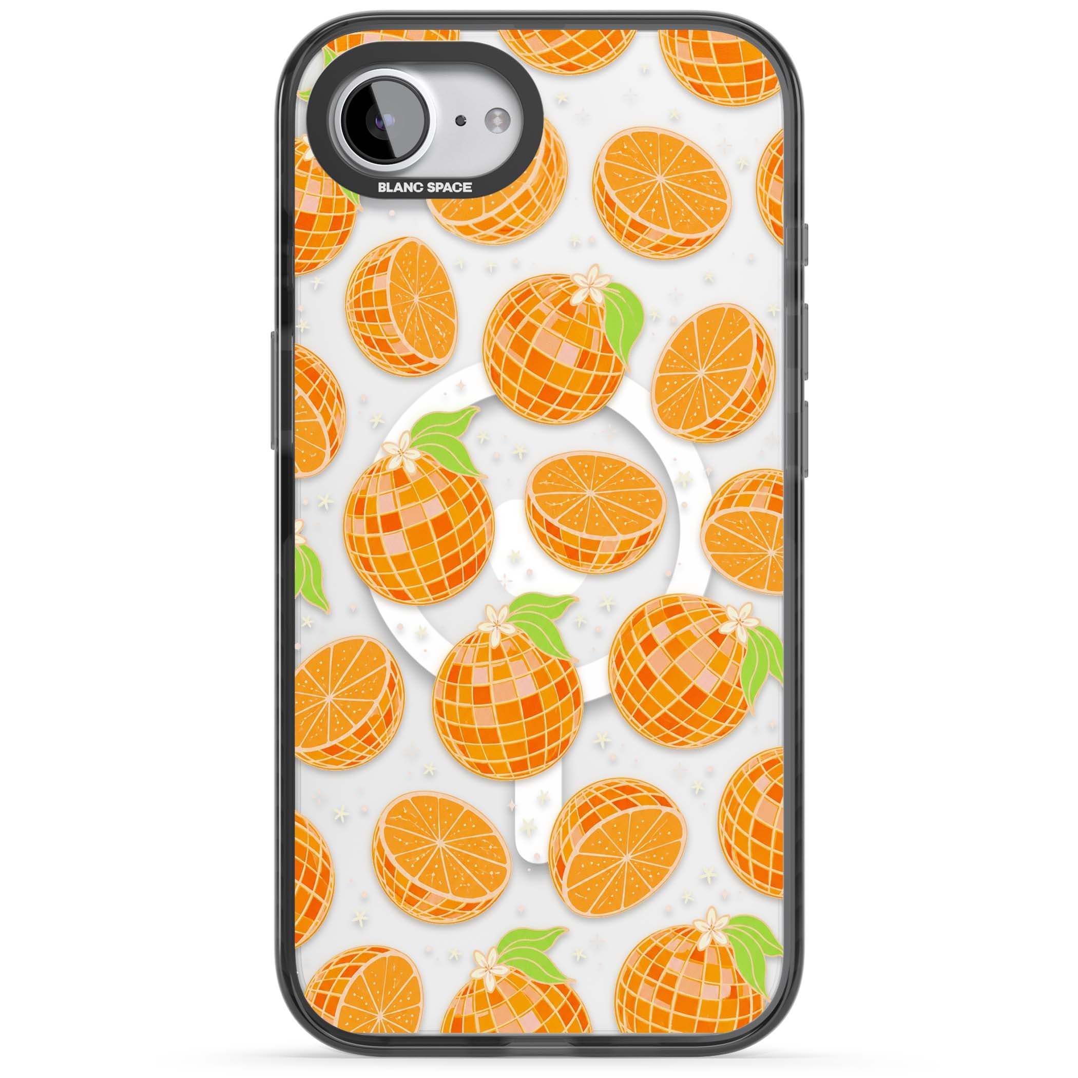 Disco Oranges retro iPhone case featuring mirrorball oranges, citrus slices and tiny blossoms on clear | Black Impact Magsafe case for iPhone 16e, iPhone 17e