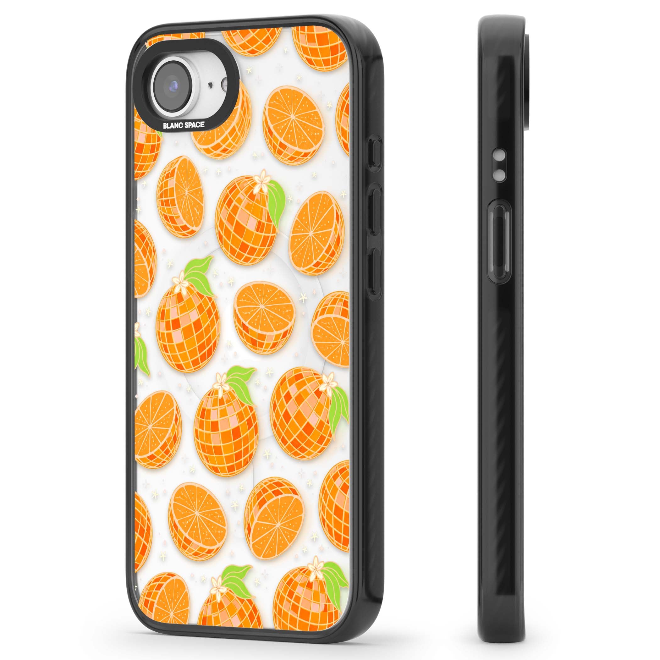 Disco Oranges retro iPhone case featuring mirrorball oranges, citrus slices and tiny blossoms on clear | Black Impact Magsafe case for iPhone 16e, iPhone 17e