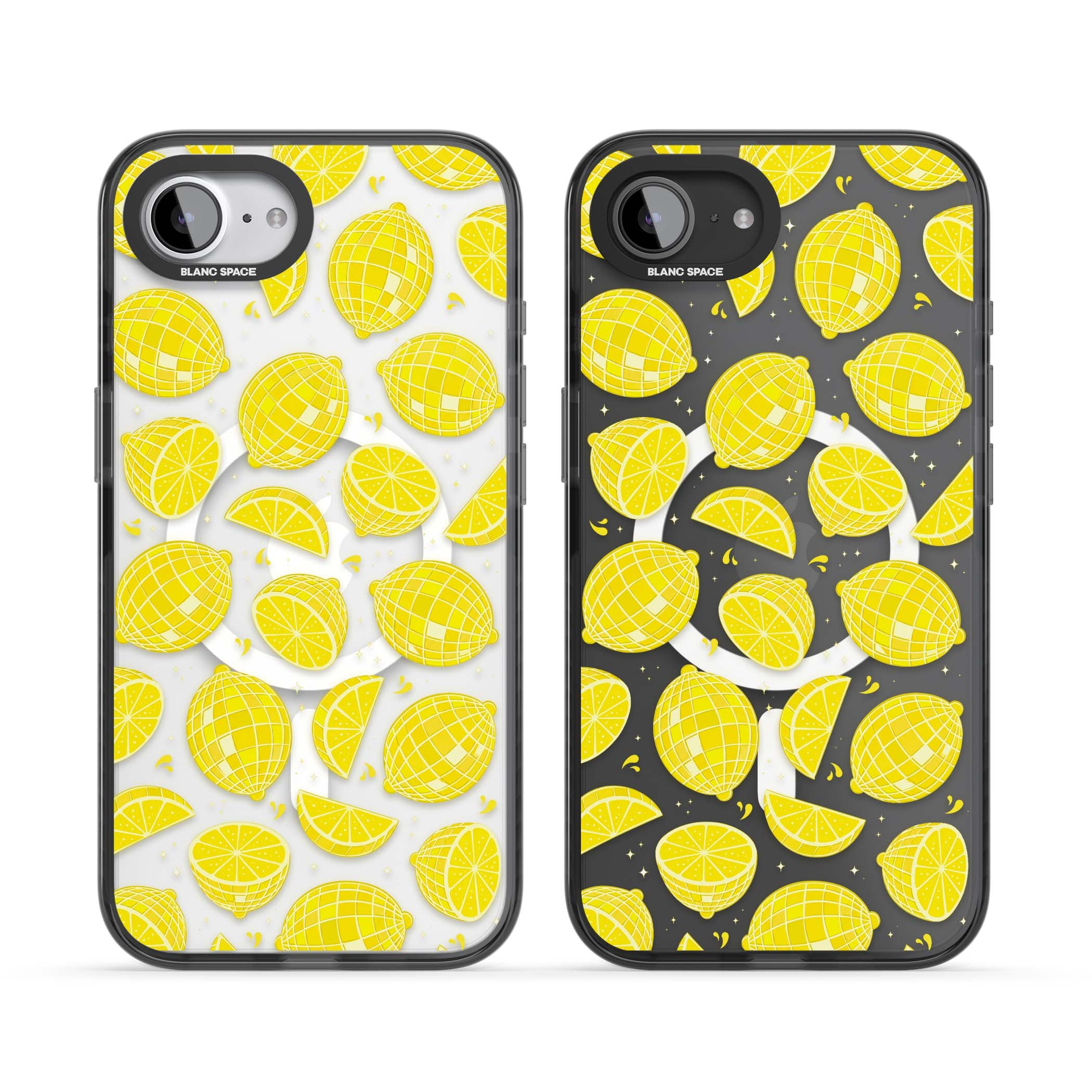 Disco Lemons citrus iPhone case featuring mirrorball lemons, sliced fruit and sparkle accents | Black Impact Magsafe case for iPhone 16e, iPhone 17e