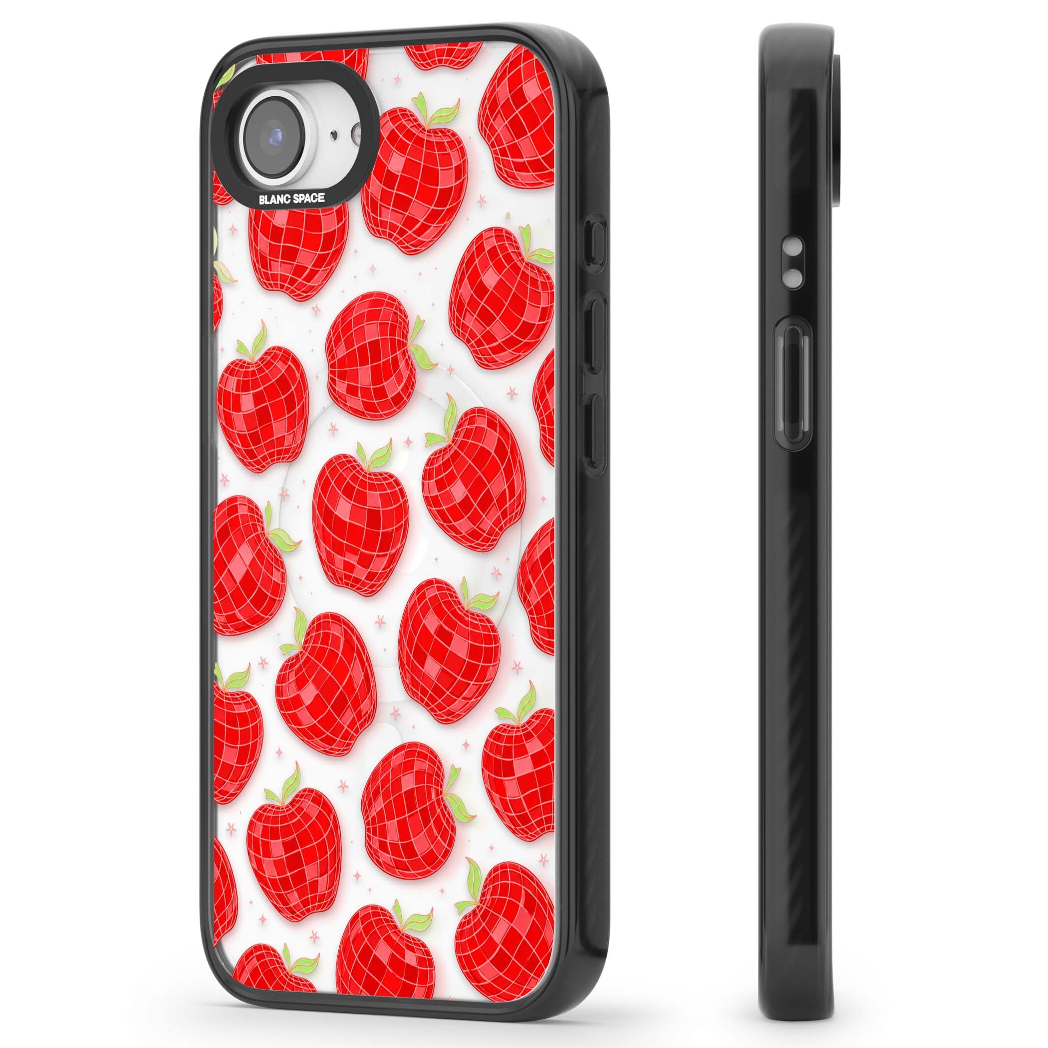 Disco Apples Y2K iPhone case featuring red disco ball apples, green leaves and pink sparkles on clear | Black Impact Magsafe case for iPhone 16e, iPhone 17e