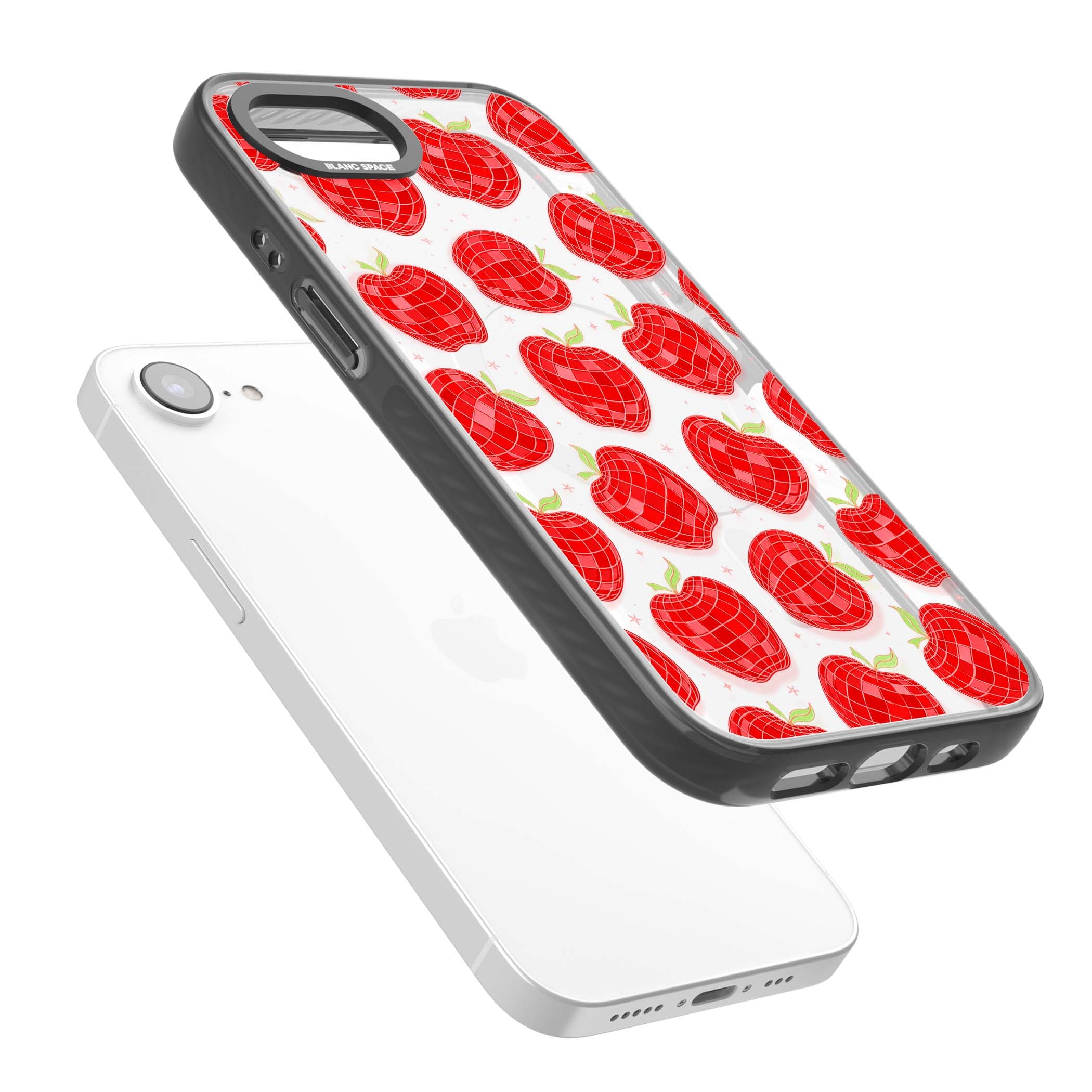 Disco Apples Y2K iPhone case featuring red disco ball apples, green leaves and pink sparkles on clear | Black Impact Magsafe case for iPhone 16e, iPhone 17e