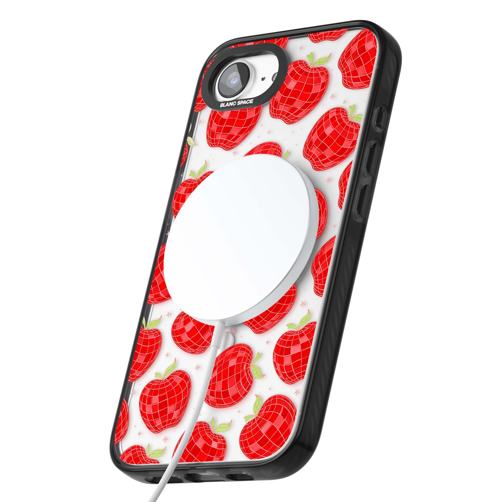 Disco Apples Y2K iPhone case featuring red disco ball apples, green leaves and pink sparkles on clear | Black Impact Magsafe case for iPhone 16e, iPhone 17e