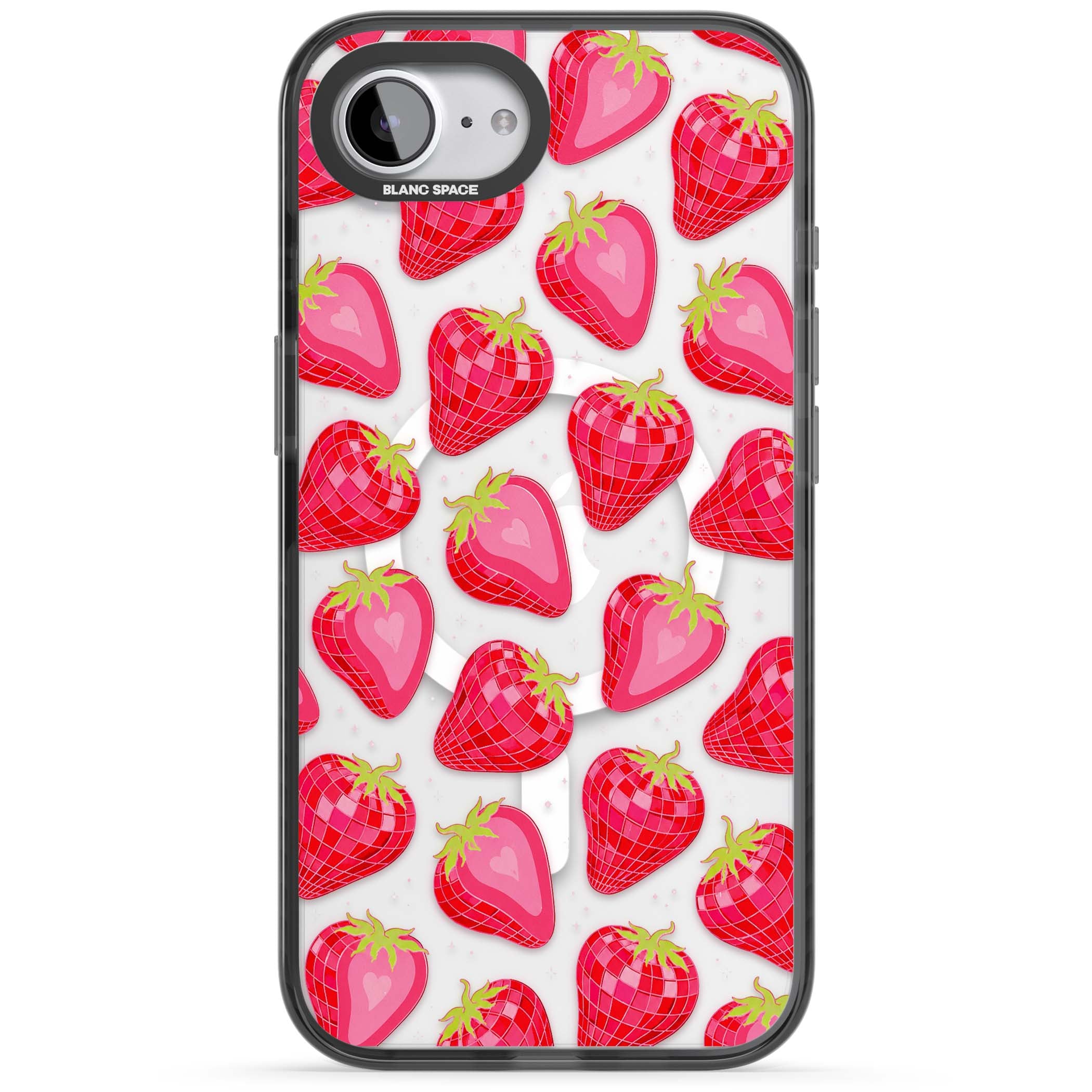 Disco Strawberry Y2K iPhone case featuring pink disco-ball strawberries, green leaves and tiny sparkles | Black Impact Magsafe case for iPhone 16e, iPhone 17e