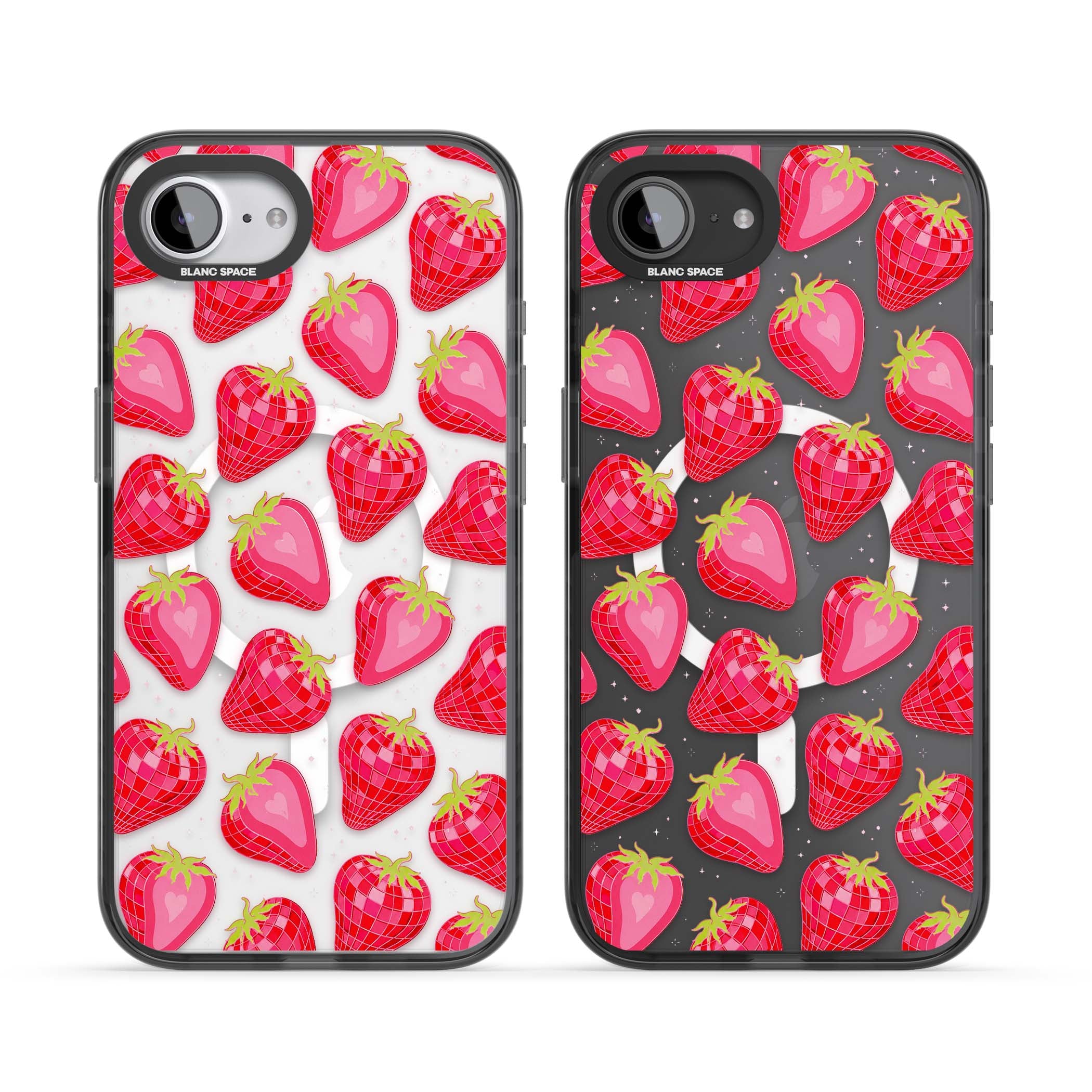 Disco Strawberry Y2K iPhone case featuring pink disco-ball strawberries, green leaves and tiny sparkles | Black Impact Magsafe case for iPhone 16e, iPhone 17e