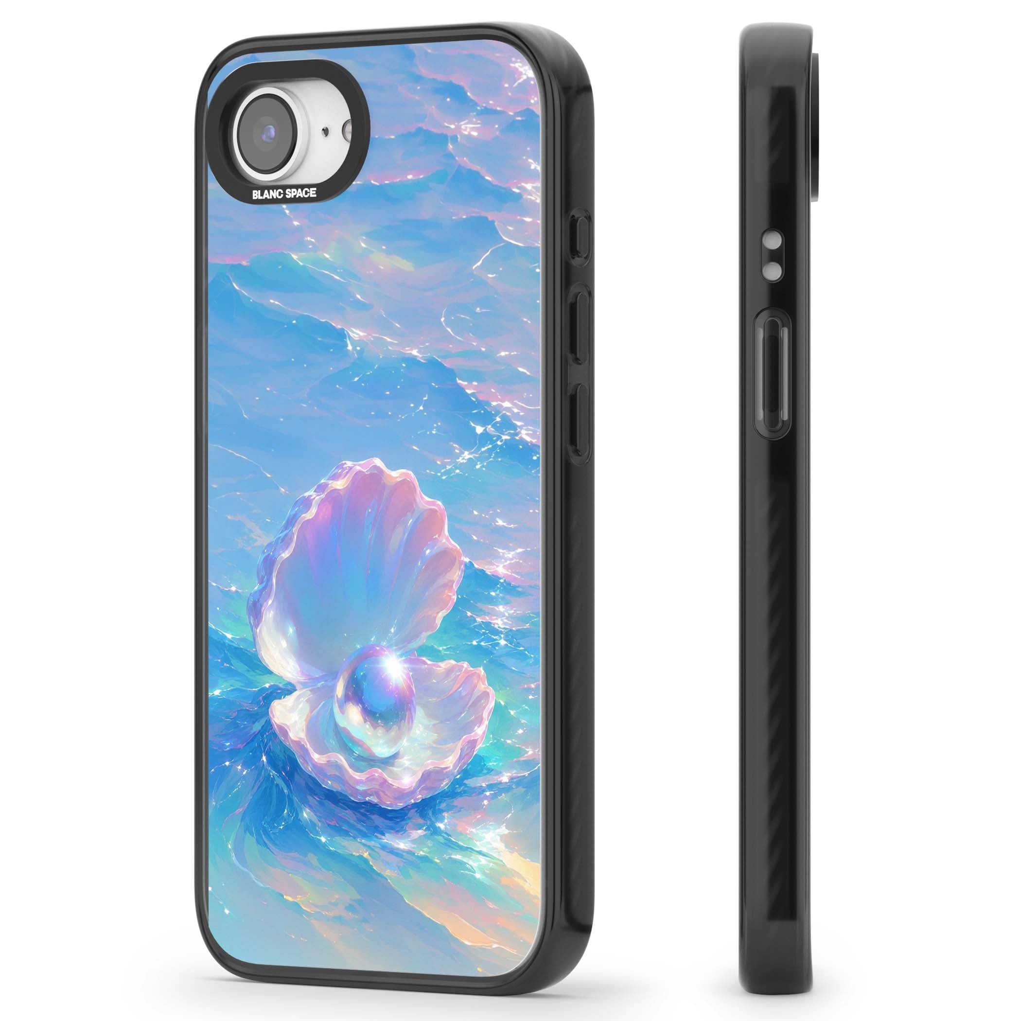 The Pearl Clam mermaidcore iPhone case featuring iridescent seashell, glowing pearl and pastel ocean waves | Black Impact Magsafe case for iPhone 16e, iPhone 17e