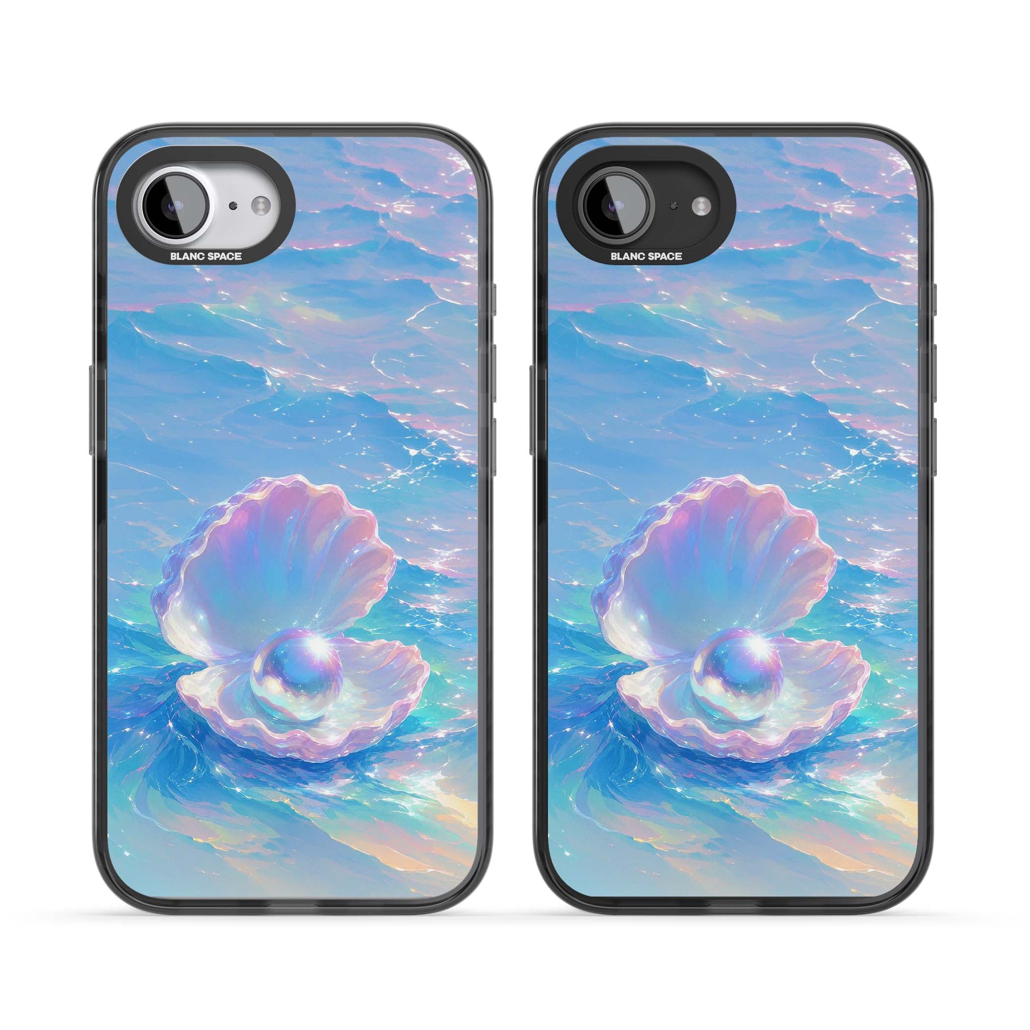 The Pearl Clam mermaidcore iPhone case featuring iridescent seashell, glowing pearl and pastel ocean waves | Black Impact Magsafe case for iPhone 16e, iPhone 17e