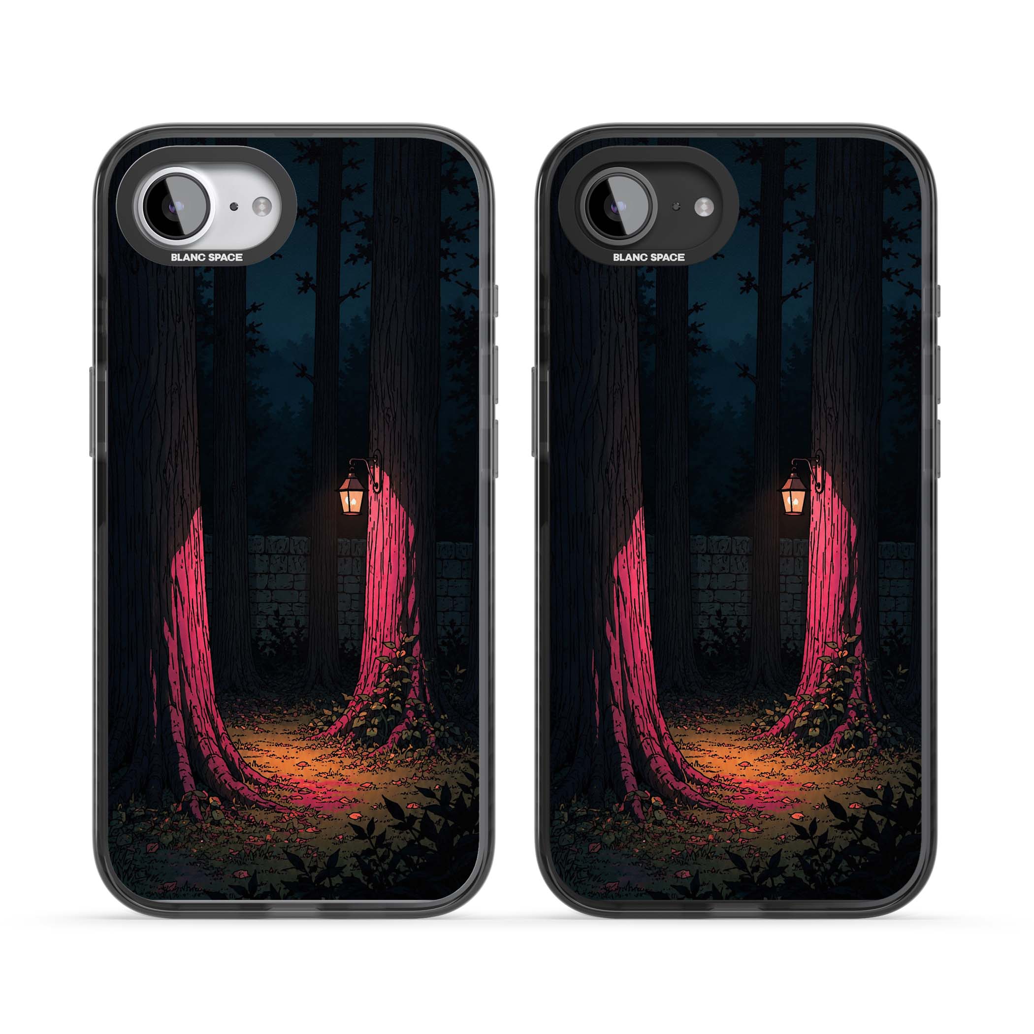 Forest Lantern dark academia iPhone case featuring a moonlit forest, glowing lantern, and stone wall pathway | Black Impact Magsafe case for iPhone 16e, iPhone 17e