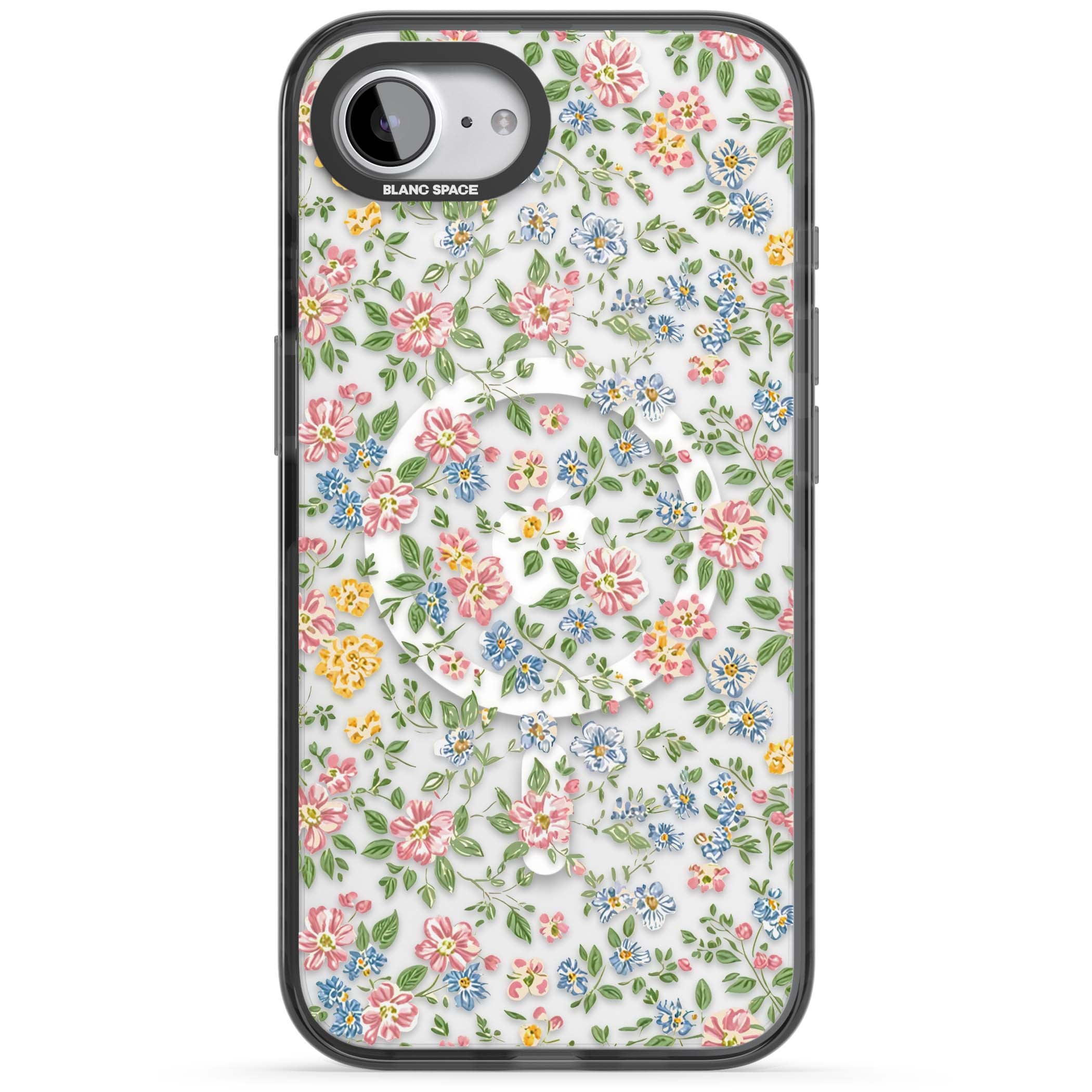 Soft Meadow cottagecore iPhone case featuring pink cosmos, blue forget-me-nots, yellow buttercups and green leaves sca | Black Impact Magsafe case for iPhone 16e, iPhone 17e