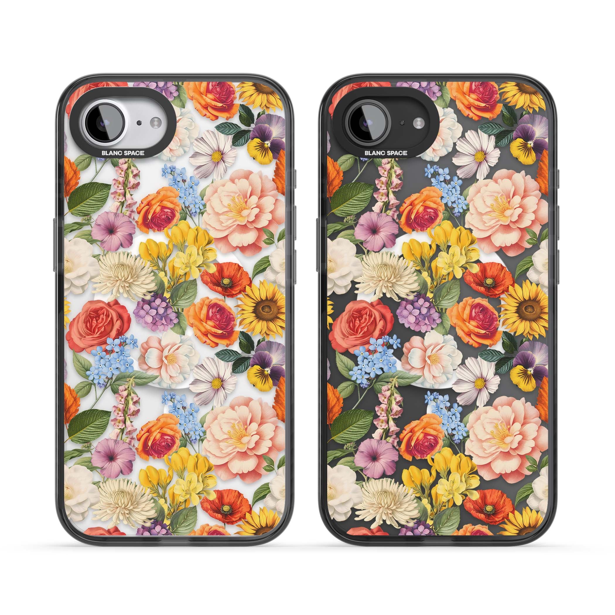 Bloom Basket floral iPhone case featuring cottage garden flowers including peonies, sunflowers, and wildflowers in pastel col | Black Impact Magsafe case for iPhone 16e, iPhone 17e
