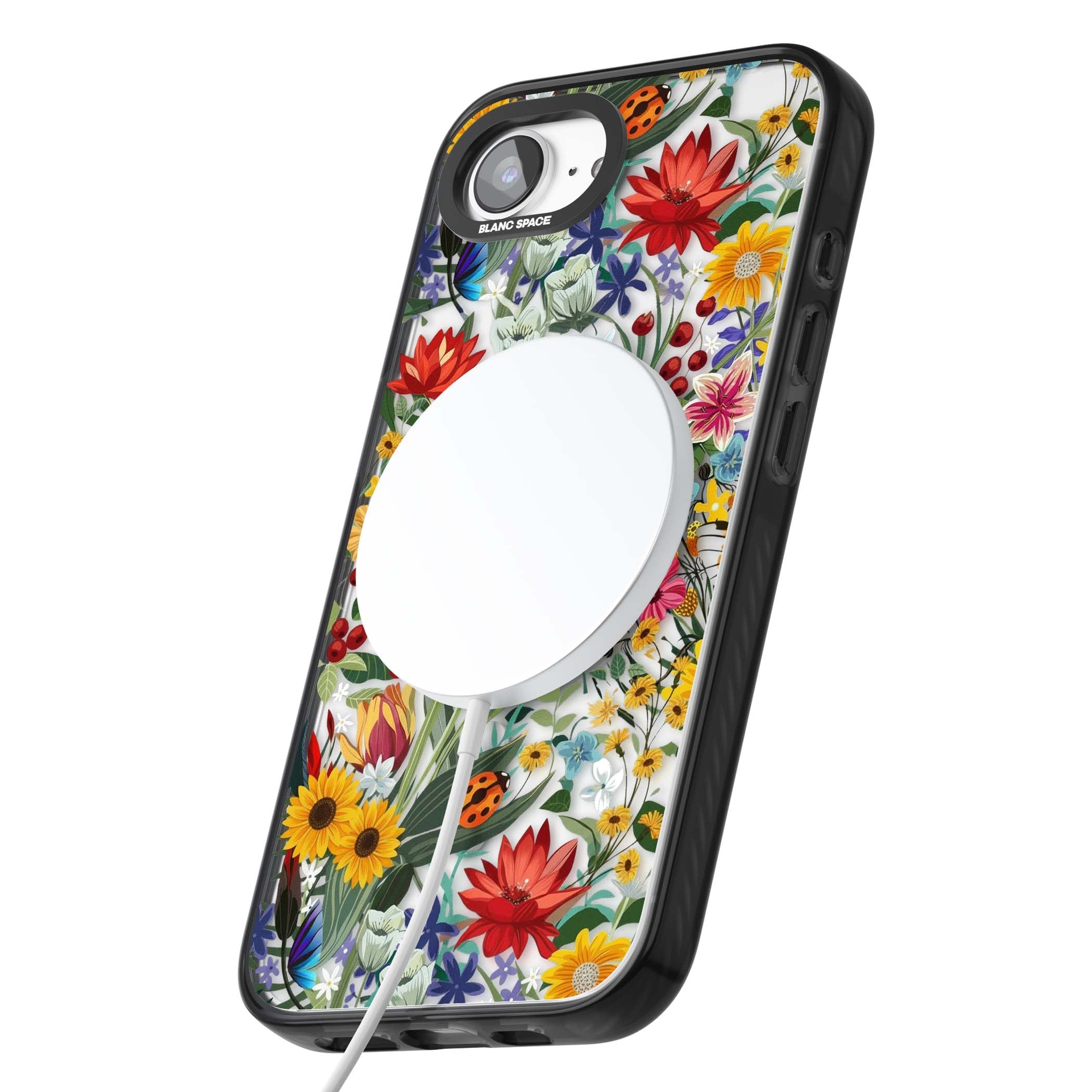 Botanical Bloom cottagecore iPhone case featuring colorful wildflowers, sunflowers, and ladybugs on clear background | Black Impact Magsafe case for iPhone 16e, iPhone 17e