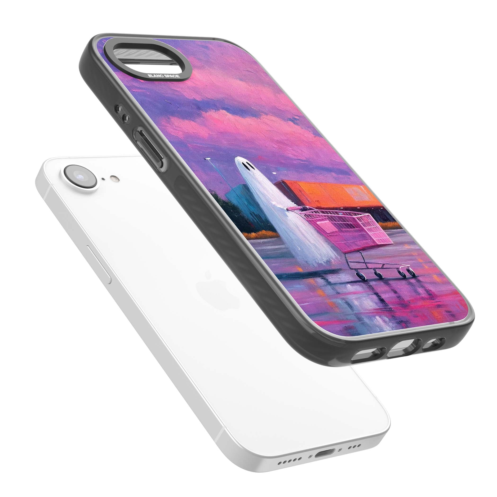 A Ghost's Errand ghost halloween iPhone case featuring a painted ghost, pink shopping trolley and purple sunset sky | Black Impact Magsafe case for iPhone 16e, iPhone 17e