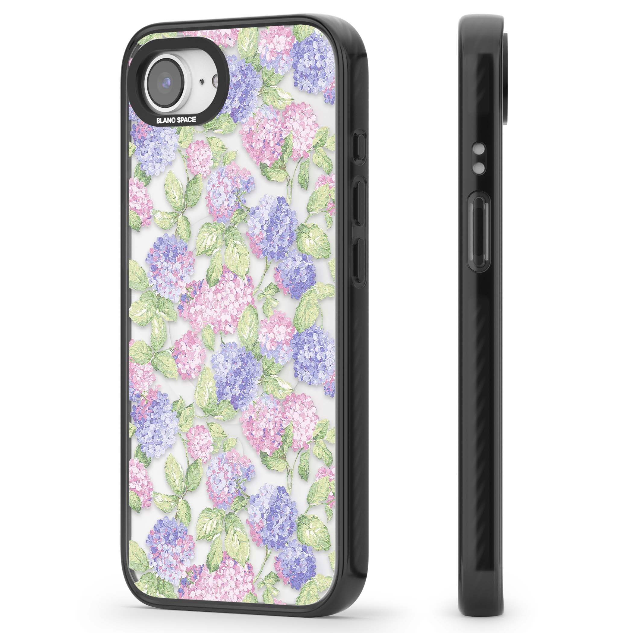 Cottage Hydrangea cottagecore iPhone case featuring pink and purple hydrangea blooms with green leaves on a clear background | Black Impact Magsafe case for iPhone 16e, iPhone 17e