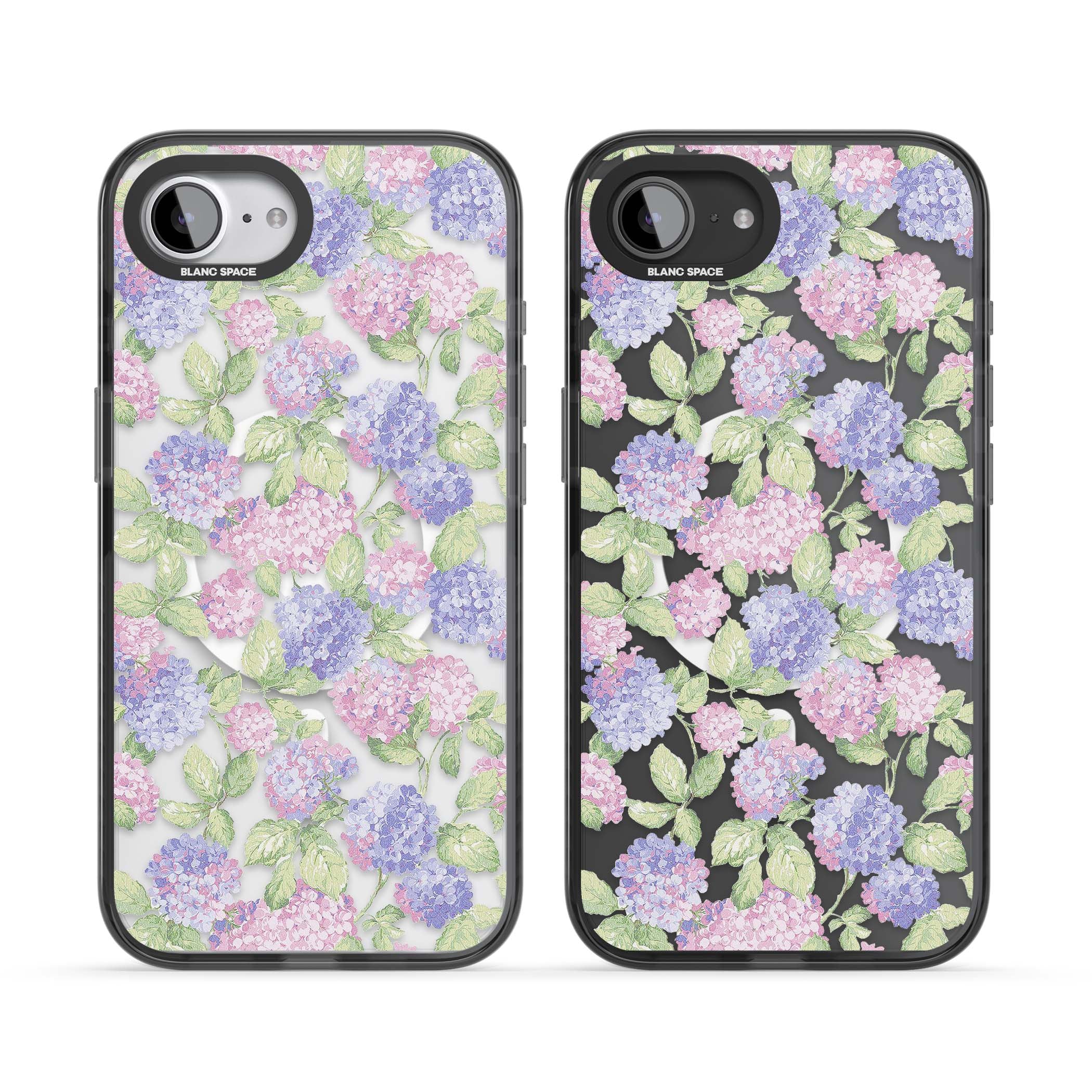Cottage Hydrangea cottagecore iPhone case featuring pink and purple hydrangea blooms with green leaves on a clear background | Black Impact Magsafe case for iPhone 16e, iPhone 17e