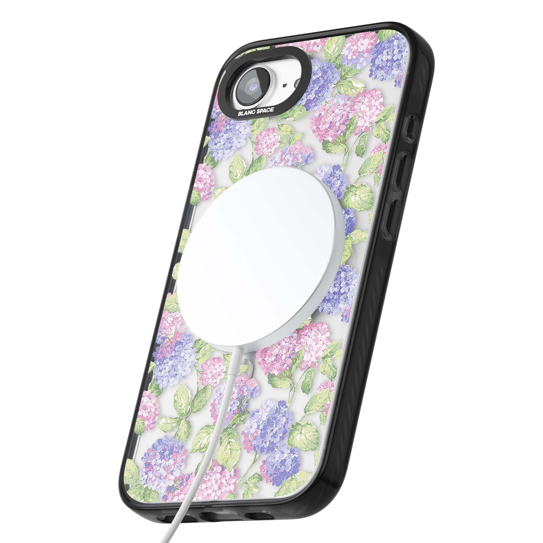 Cottage Hydrangea cottagecore iPhone case featuring pink and purple hydrangea blooms with green leaves on a clear background | Black Impact Magsafe case for iPhone 16e, iPhone 17e