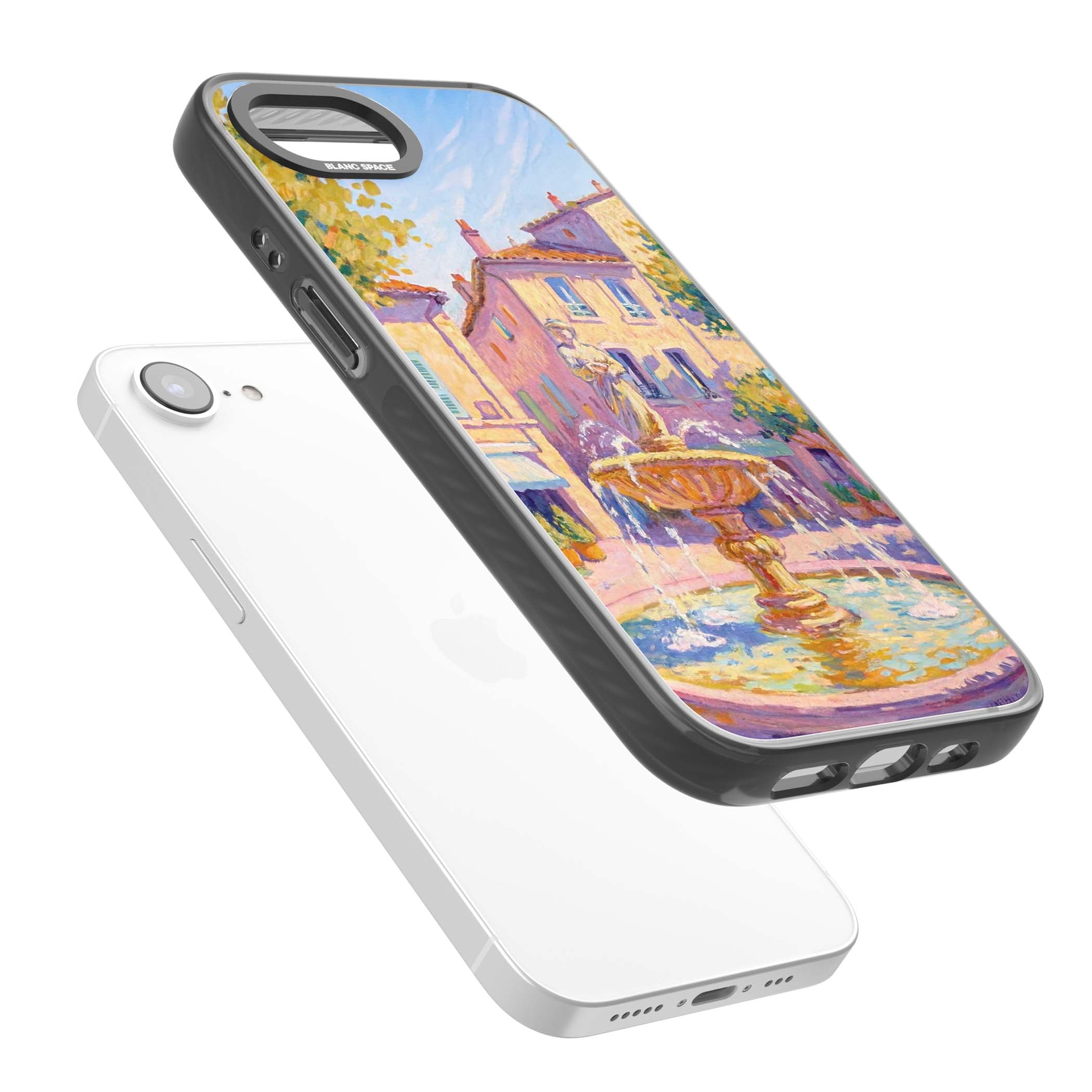 Fountain Square fine art iPhone case featuring an impressionist Provençal fountain, pastel village buildings and summe | Black Impact Magsafe case for iPhone 16e, iPhone 17e