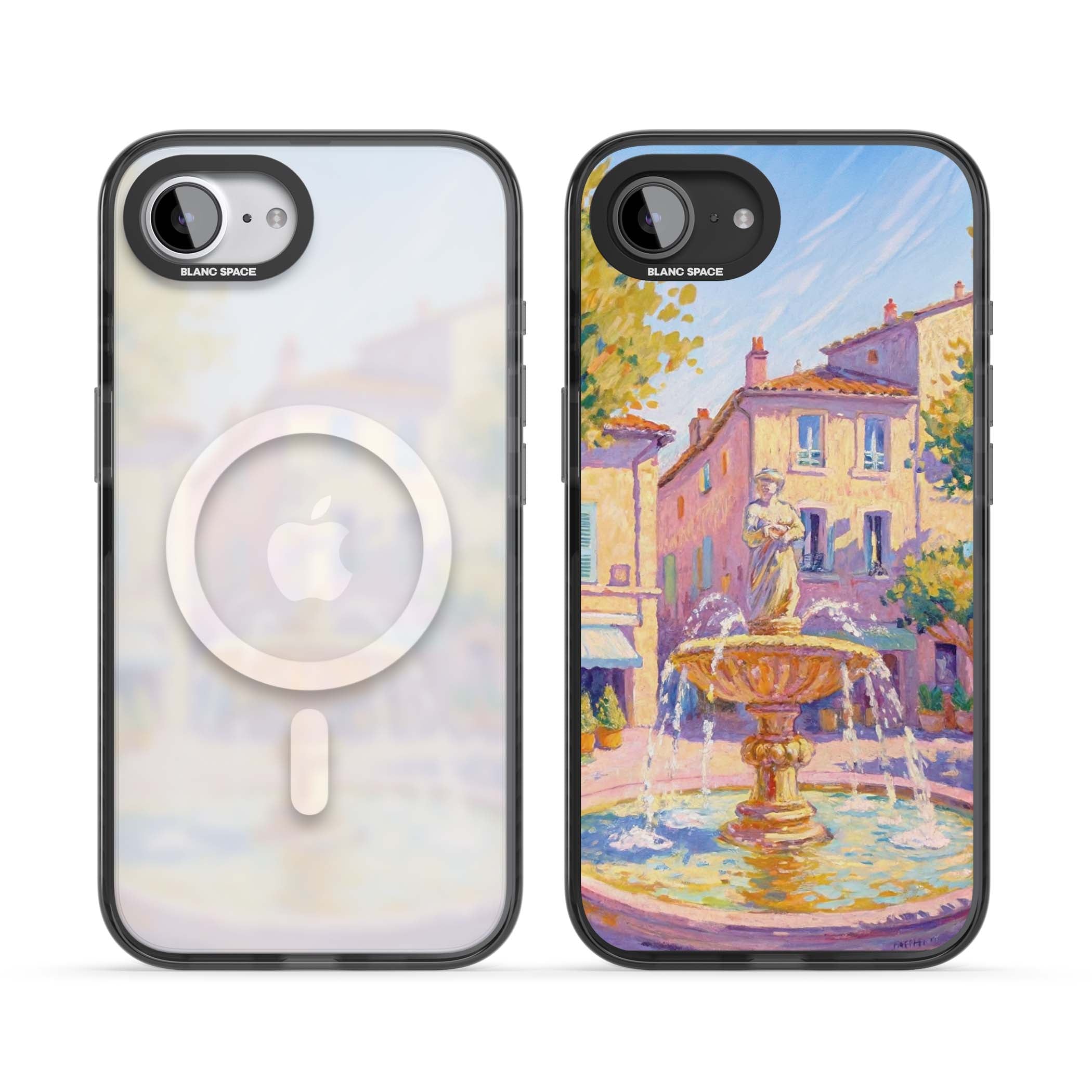 Fountain Square fine art iPhone case featuring an impressionist Provençal fountain, pastel village buildings and summe | Black Impact Magsafe case for iPhone 16e, iPhone 17e