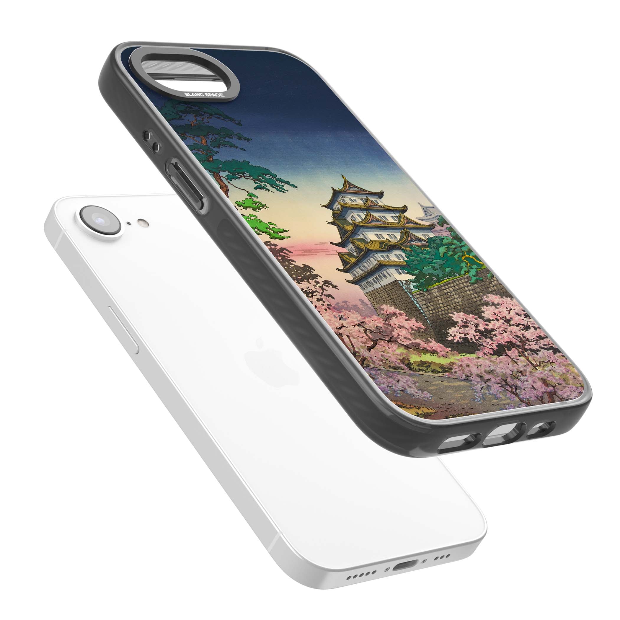 Nagoya Castle Japanese iPhone case featuring a vintage pagoda, twilight sky and cherry blossom trees | Black Impact Magsafe case for iPhone 16e, iPhone 17e