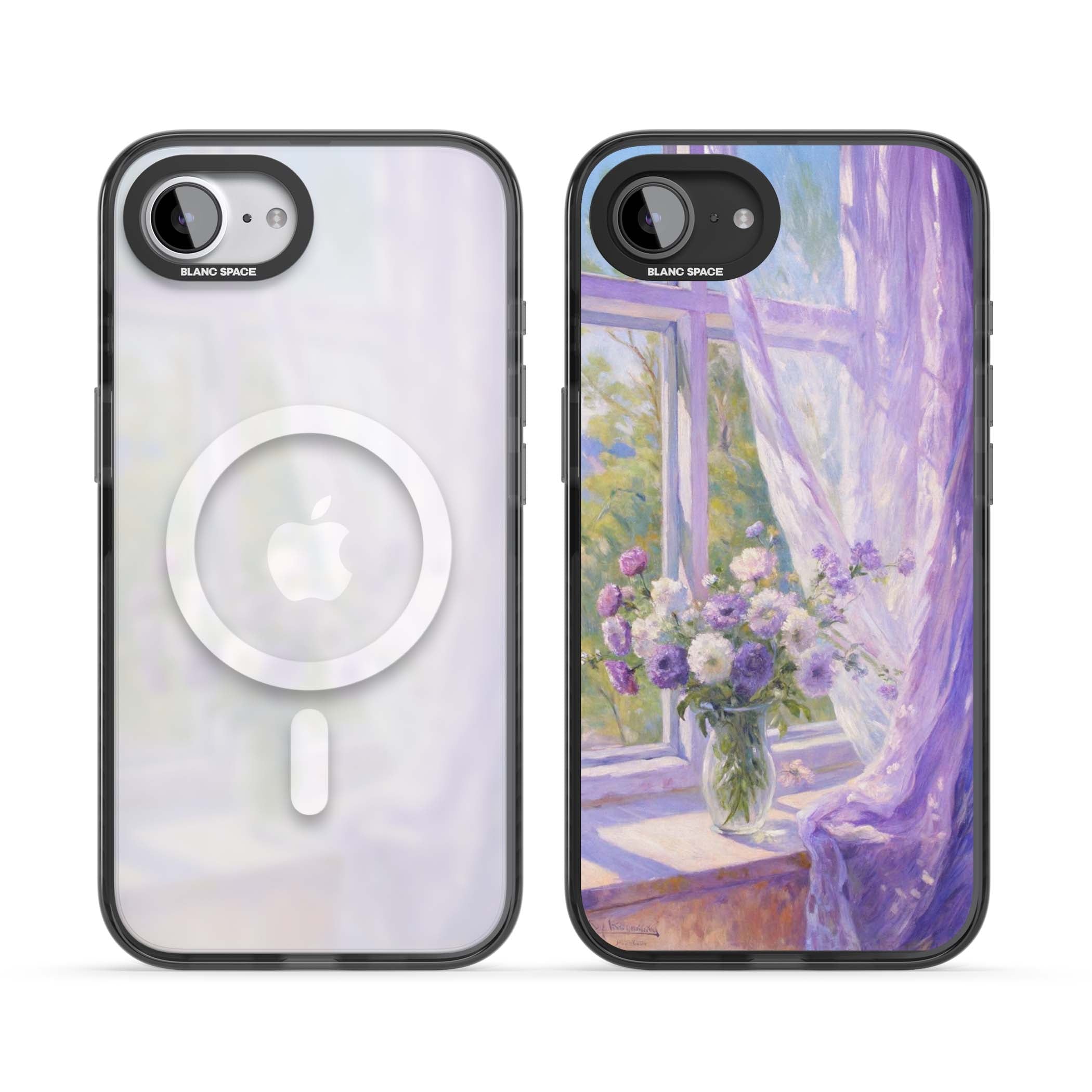 A Provence Morning impressionist art iPhone case featuring a vase of purple flowers, sunlit window and sheer curt | Black Impact Magsafe case for iPhone 16e, iPhone 17e
