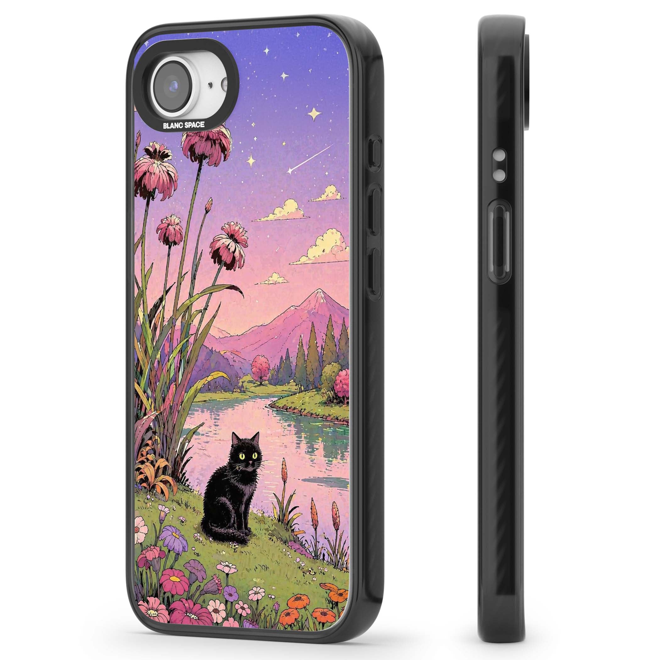 Mystic Whiskers ghibli iPhone case featuring a black cat by a pastel lake, wildflowers and a starry sunset sky | Black Impact Magsafe case for iPhone 16e, iPhone 17e