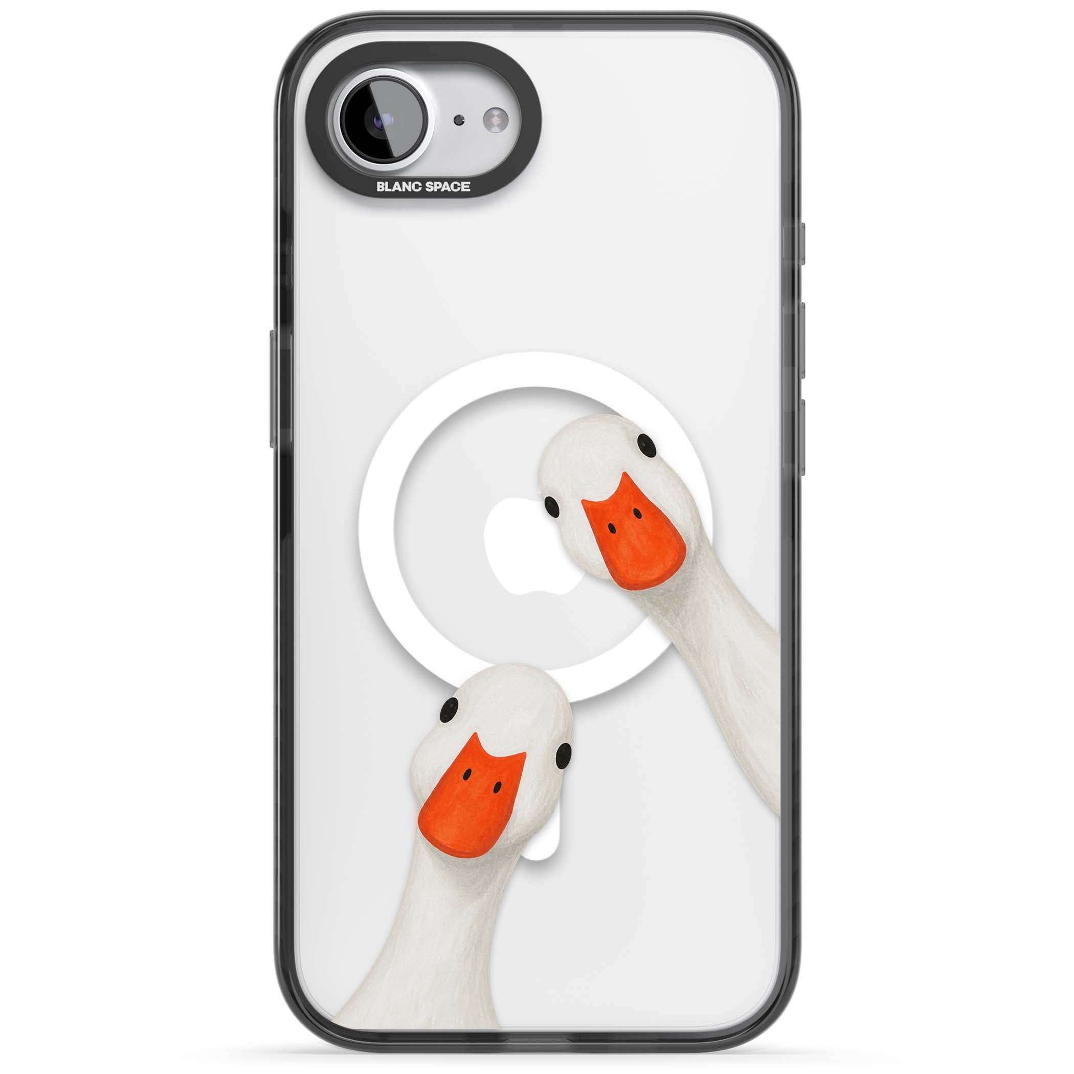 Nosy Ducks cottagecore iPhone case featuring two peeking white ducks with orange beaks on a clear background | Black Impact Magsafe case for iPhone 16e, iPhone 17e