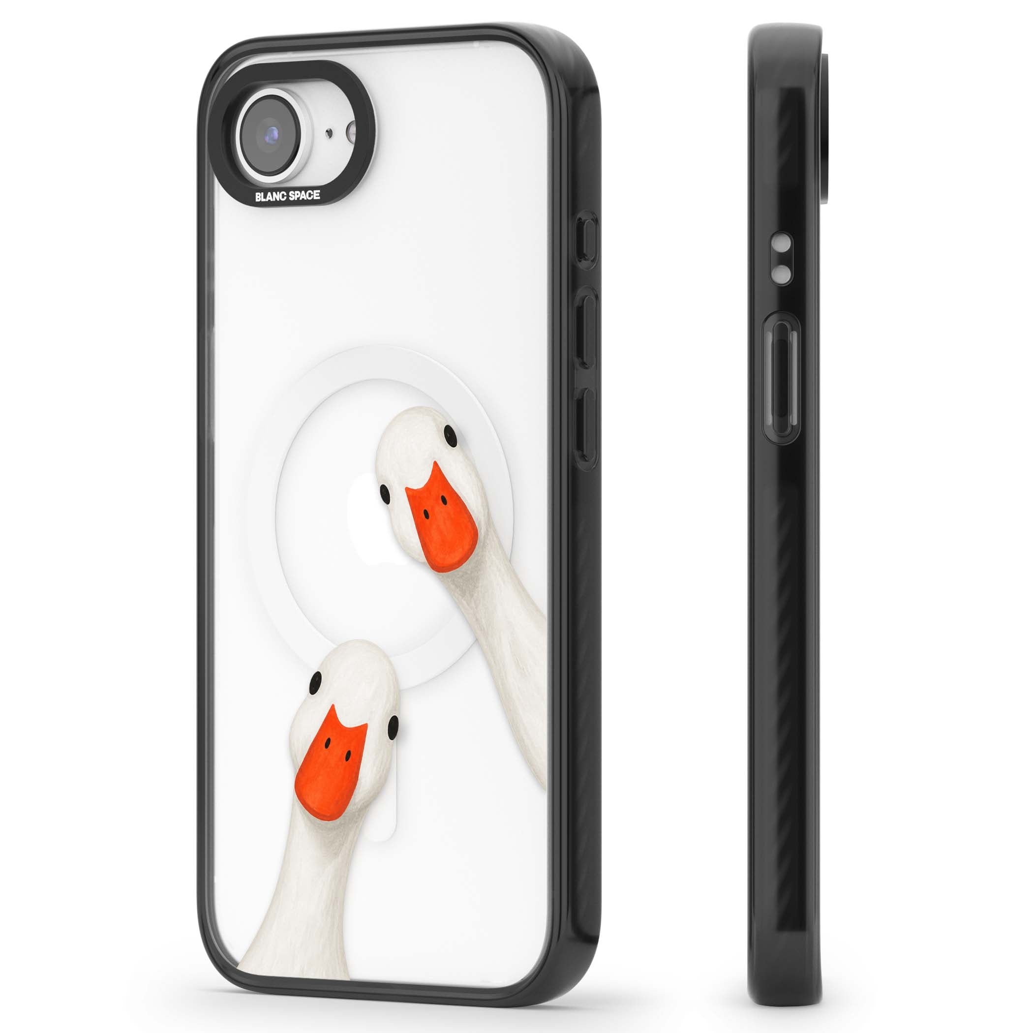 Nosy Ducks cottagecore iPhone case featuring two peeking white ducks with orange beaks on a clear background | Black Impact Magsafe case for iPhone 16e, iPhone 17e