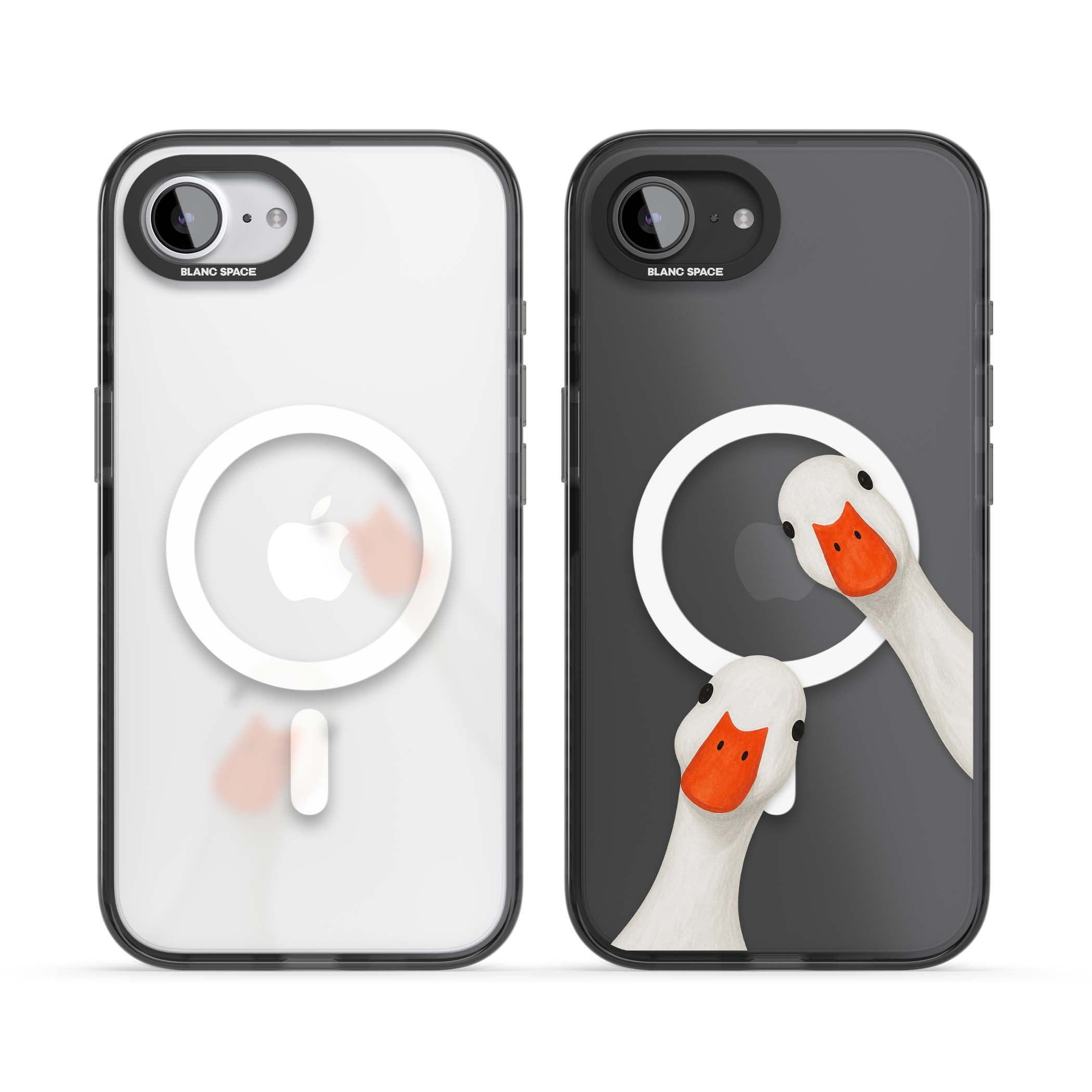 Nosy Ducks cottagecore iPhone case featuring two peeking white ducks with orange beaks on a clear background | Black Impact Magsafe case for iPhone 16e, iPhone 17e