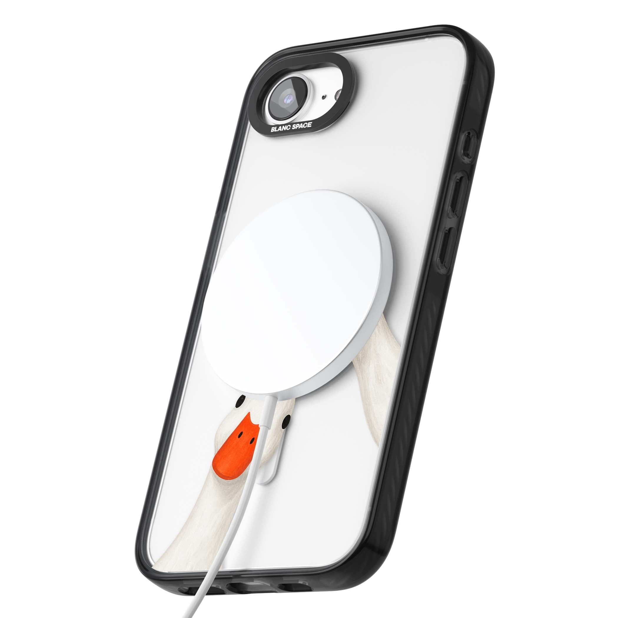 Nosy Ducks cottagecore iPhone case featuring two peeking white ducks with orange beaks on a clear background | Black Impact Magsafe case for iPhone 16e, iPhone 17e